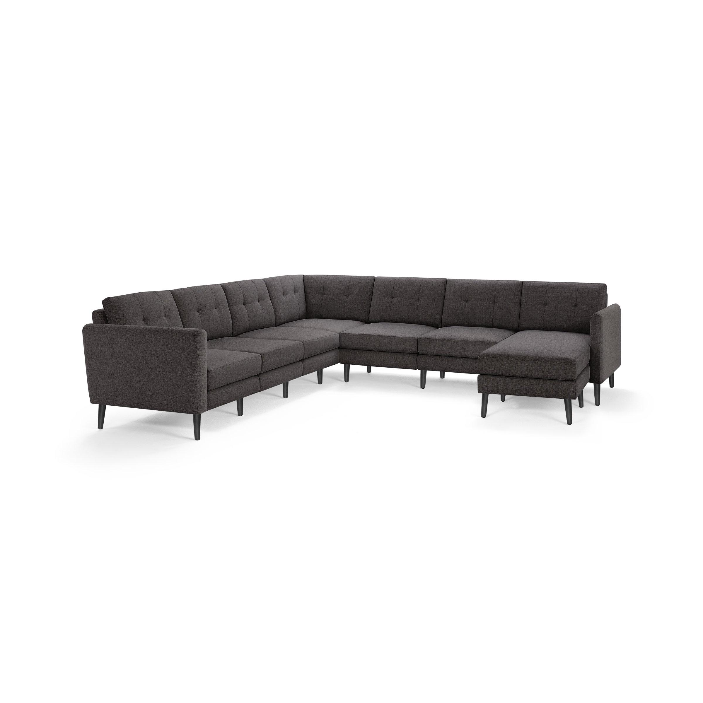 Dark gray L-shaped sectional sofa with tufted back cushions and slim black legs, offering spacious modern seating.
