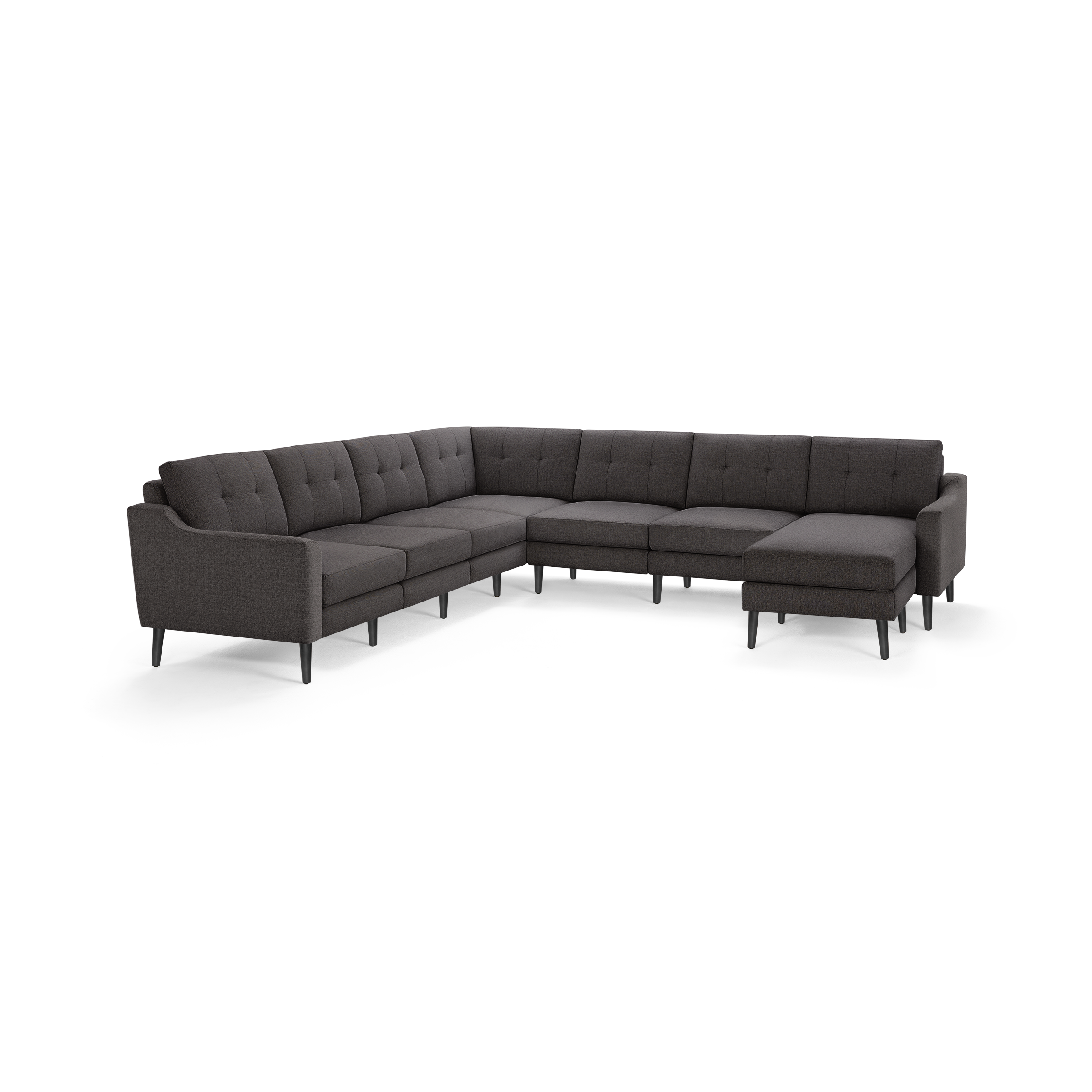 Dark gray fabric L-shaped sectional sofa with tufted back cushions and black tapered legs, modern and spacious design.