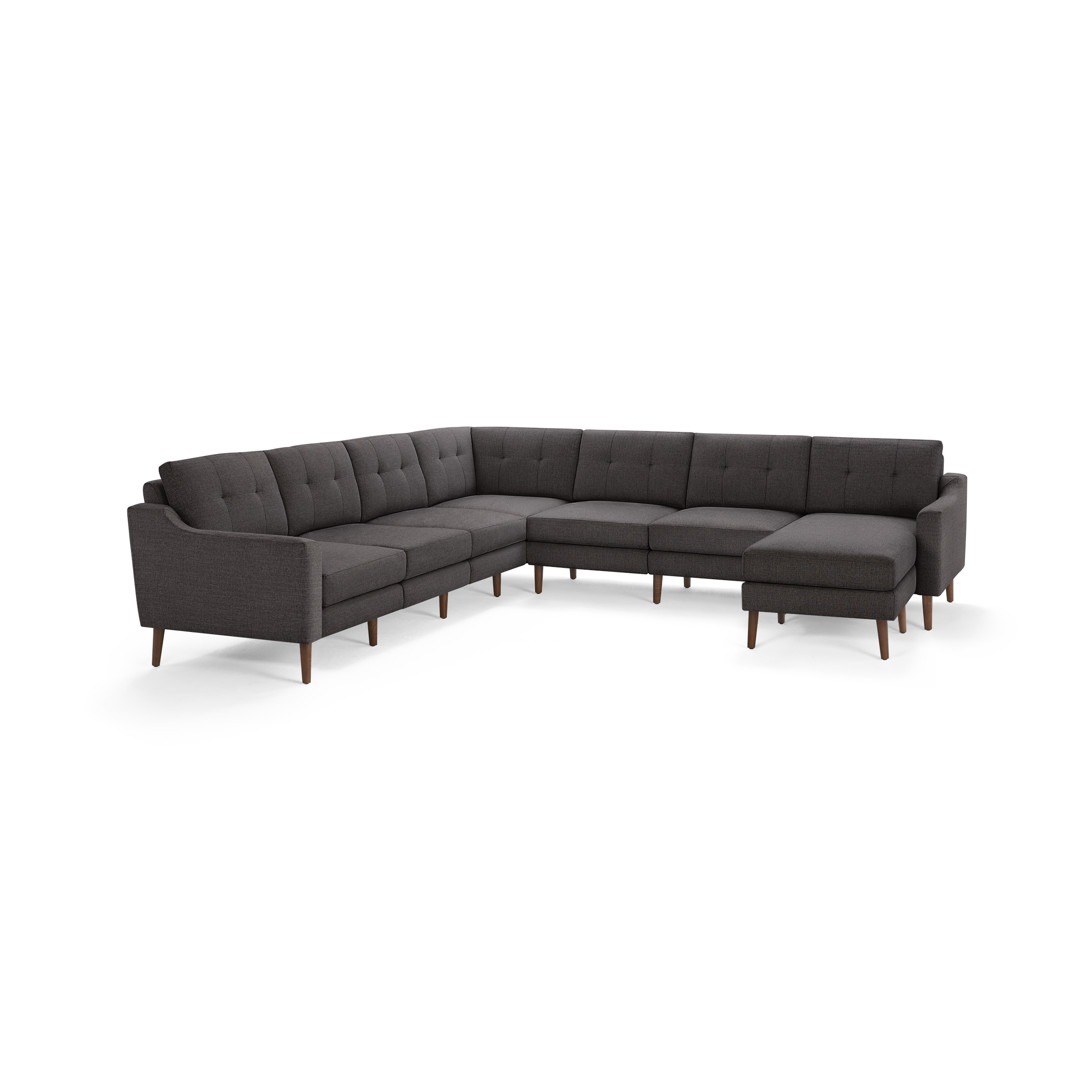 Large L-shaped sectional sofa with tufted dark gray fabric upholstery, wooden legs, and a right-side chaise lounge.