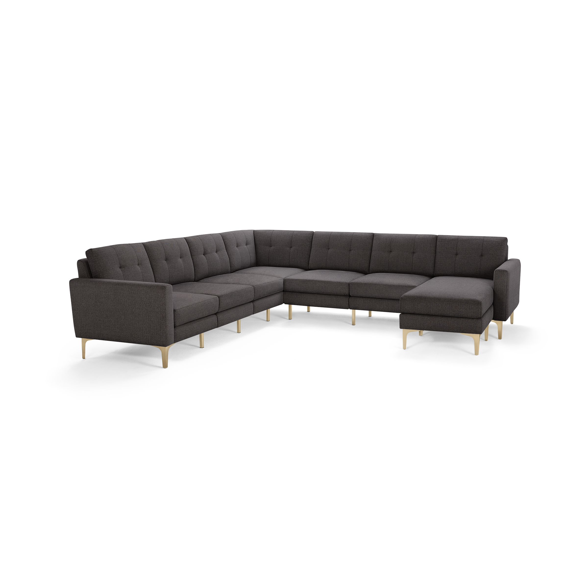 Large L-shaped sectional sofa in dark gray fabric with tufted cushions and light wood legs, modern minimalist design.