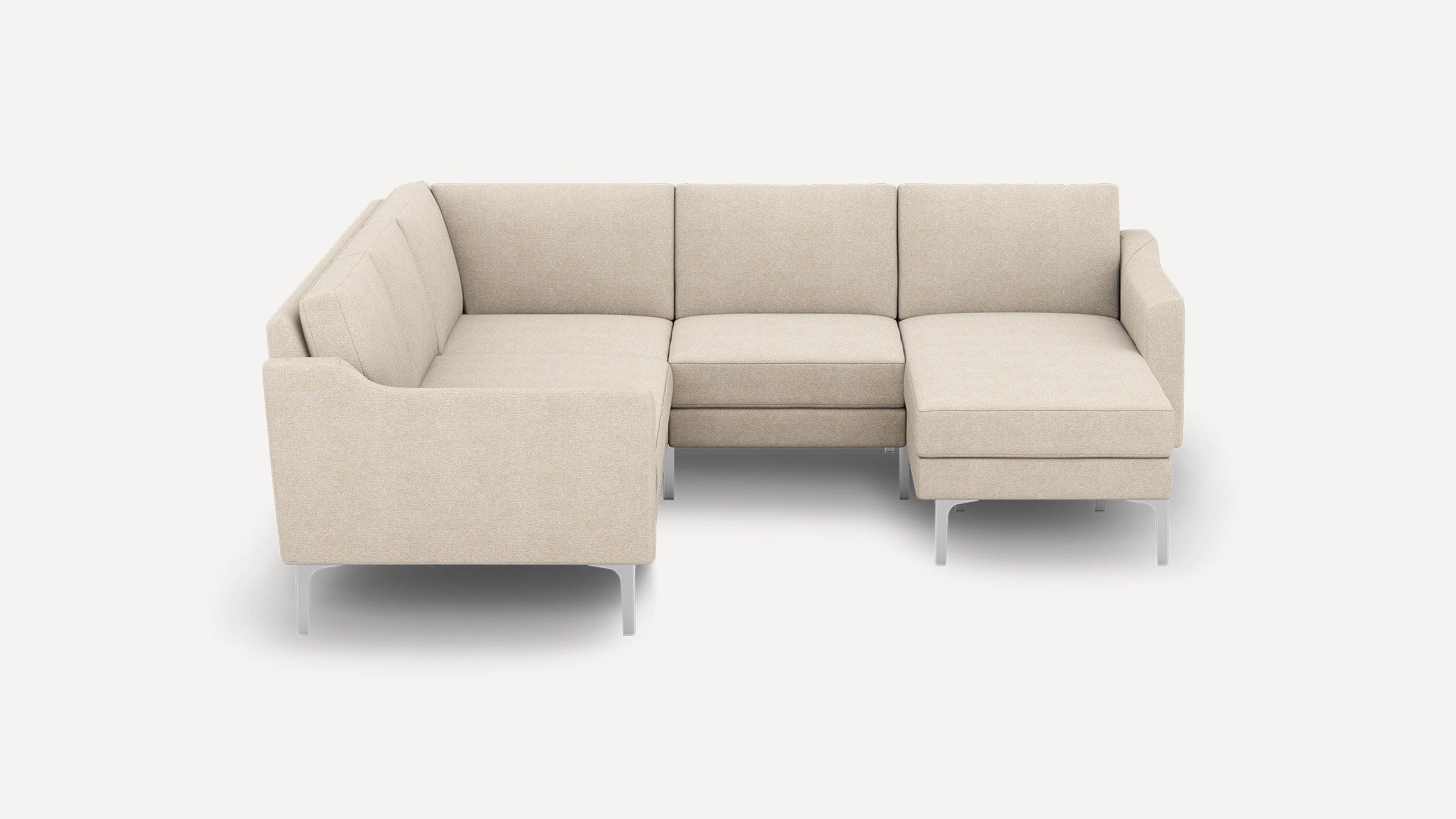 Beige fabric sectional sofa with sleek metal legs, featuring a left-arm chaise and cushioned backrests for modern living rooms.