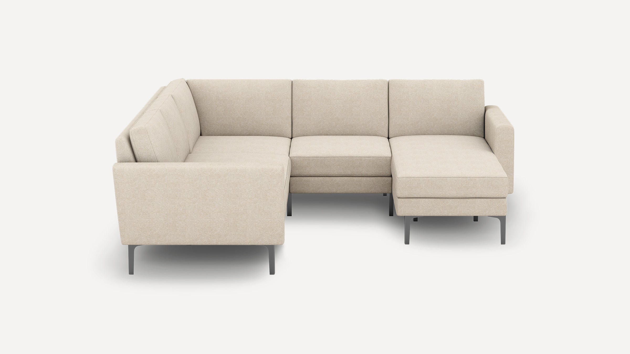 Beige sectional sofa with L-shaped design, featuring clean lines, soft cushioning, and slender metal legs on a white background.