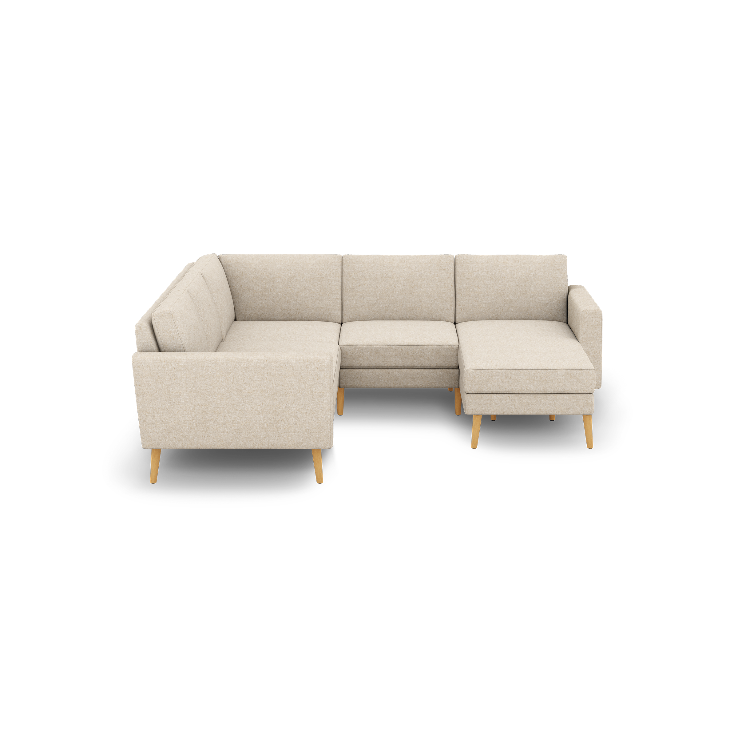 Beige fabric L-shaped sectional sofa with wooden legs and padded backrests, modern minimalist design.