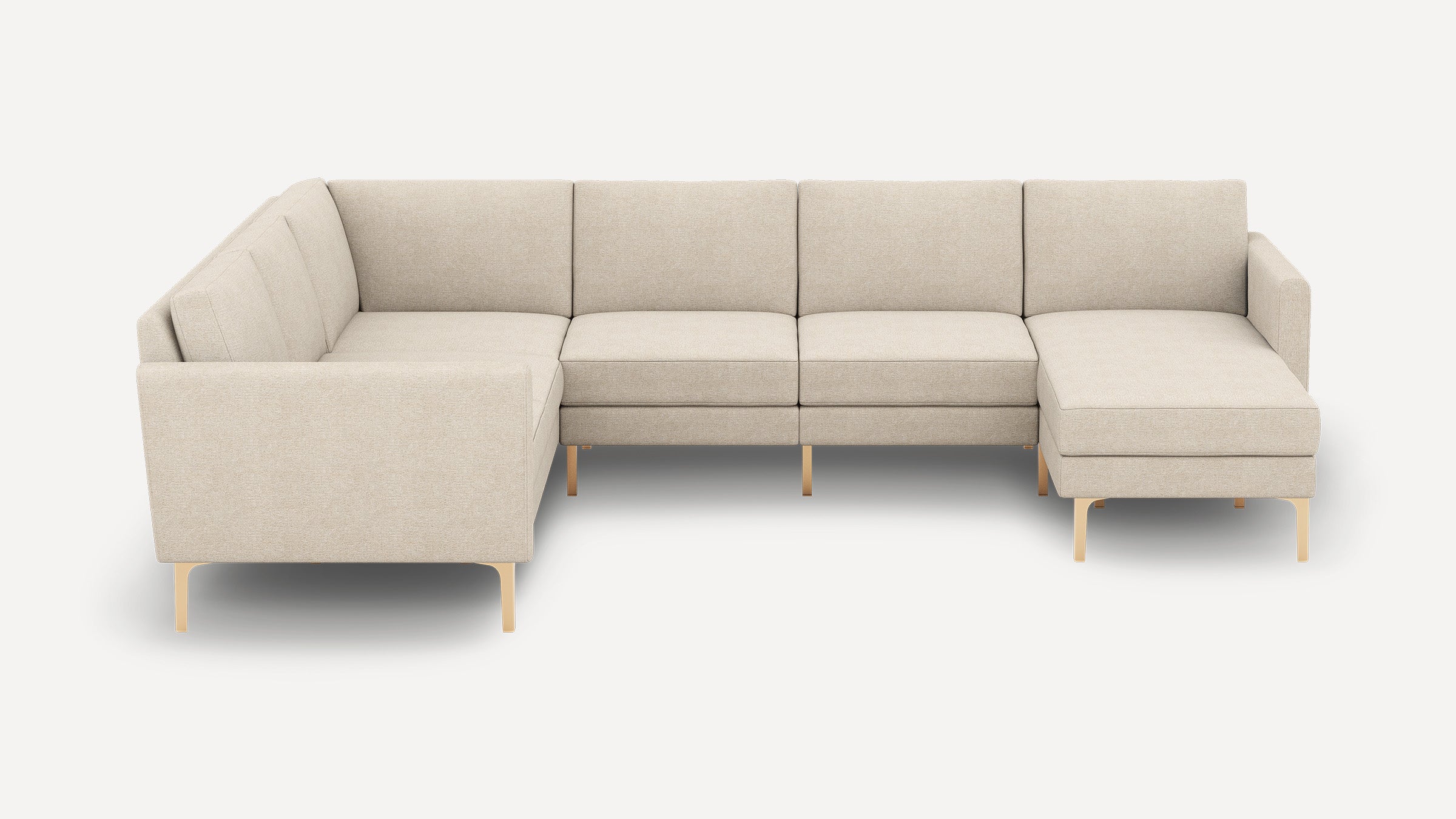 Beige fabric L-shaped sectional sofa with clean lines, thin armrests, and light wooden legs on a white background.