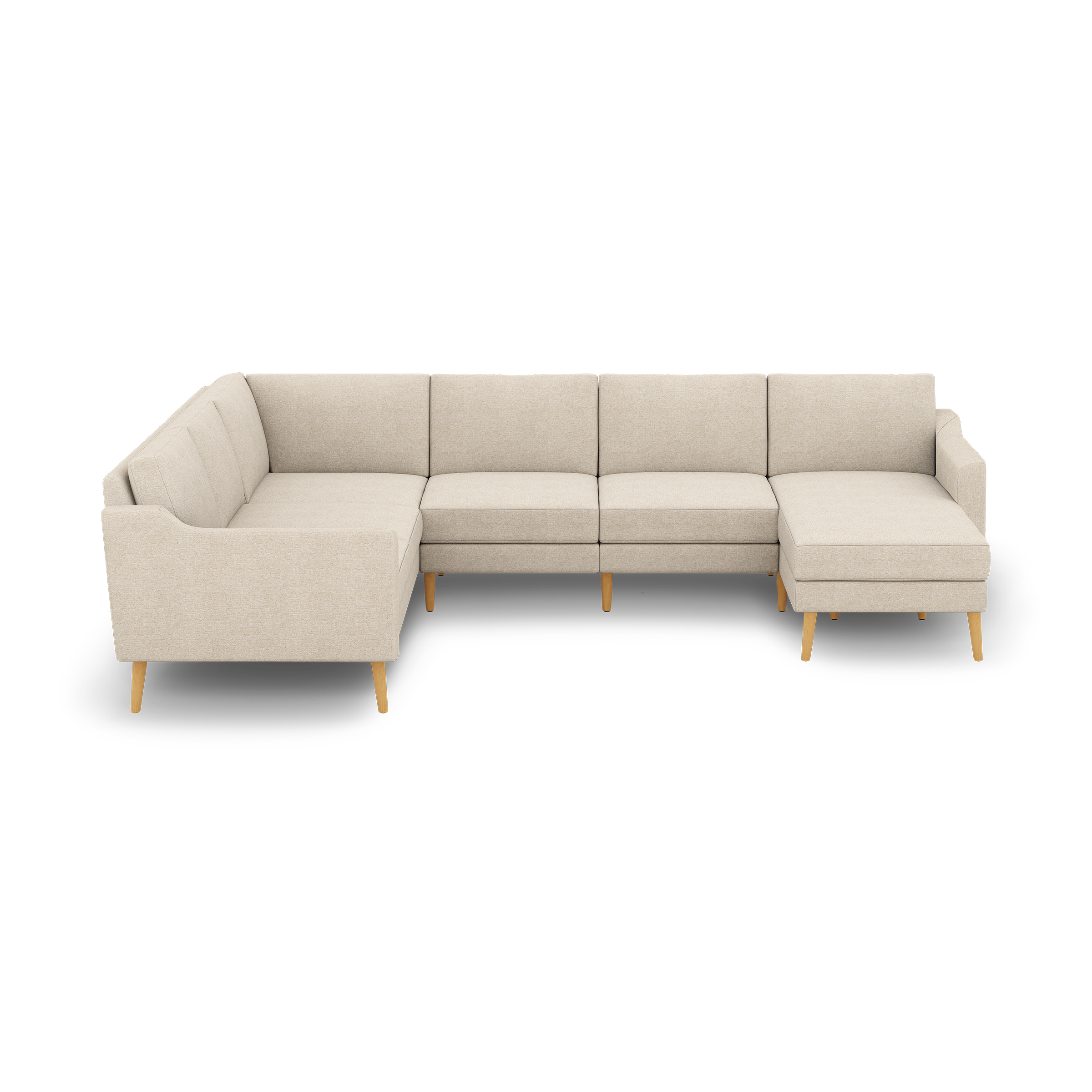 Beige fabric sectional sofa with wooden legs, featuring a left chaise and cushioned backrests.