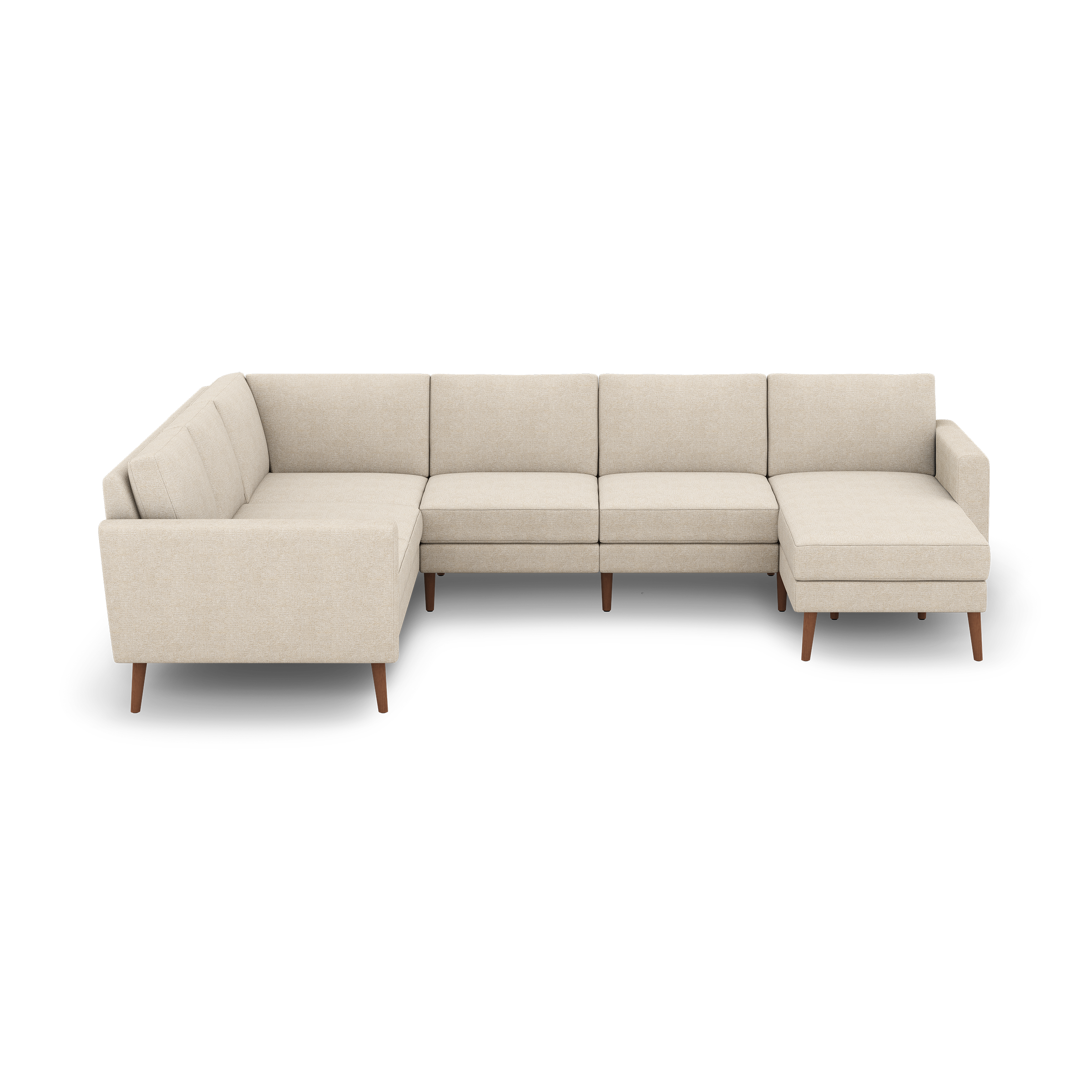 Beige L-shaped sectional sofa with clean lines, tufted back cushions, and wooden legs on black background.