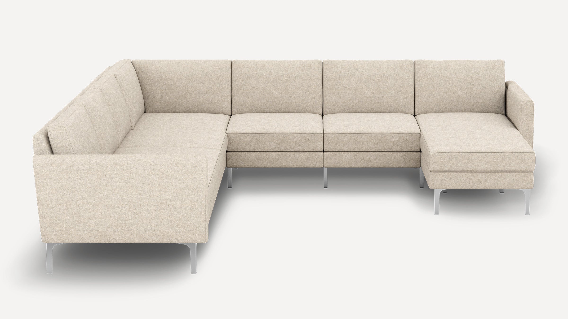 Modern L-shaped sectional sofa in light beige fabric with metal legs, featuring a left chaise for extended seating.