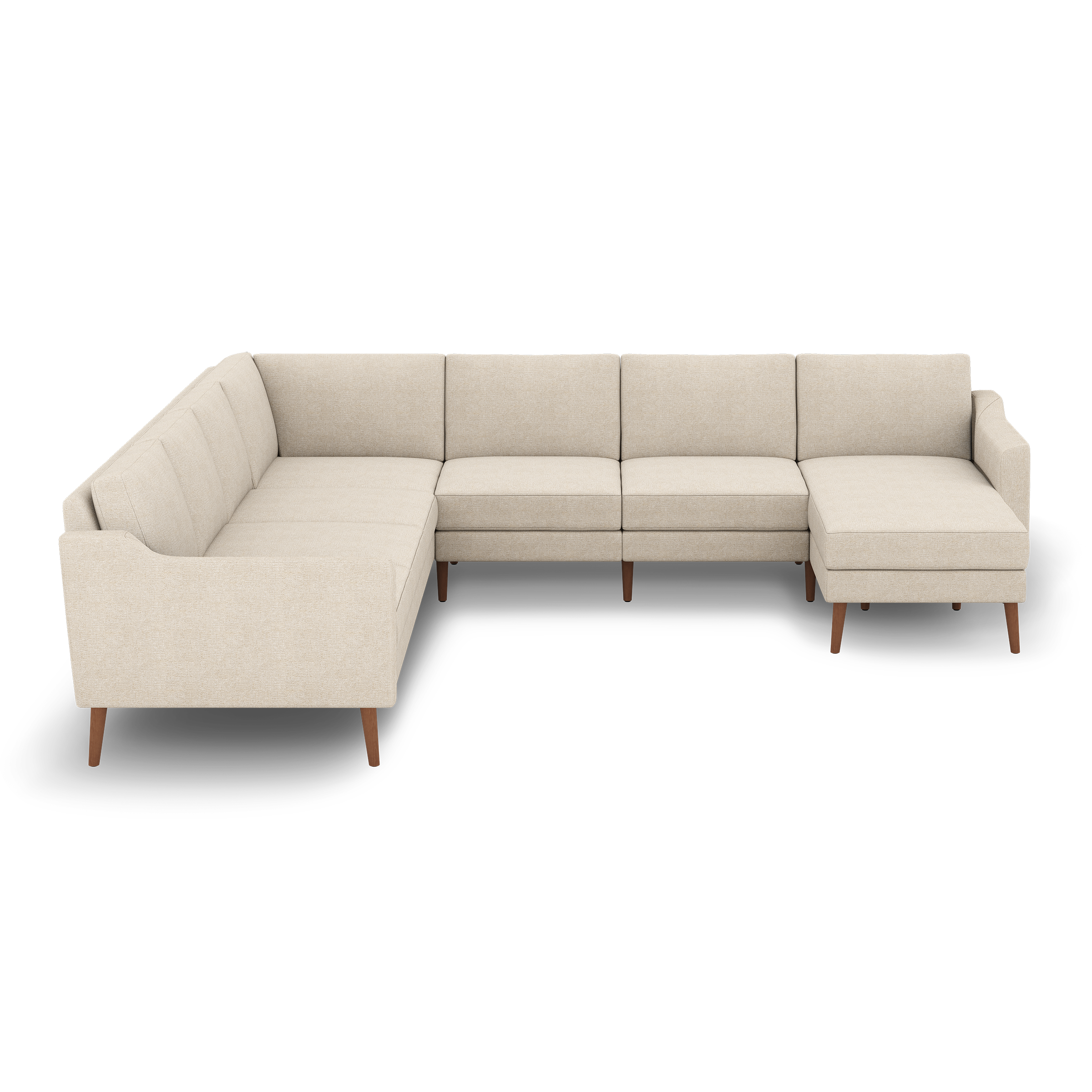 Beige fabric L-shaped sectional sofa with tufted cushions and wooden tapered legs, featuring a chaise lounge on the right side.