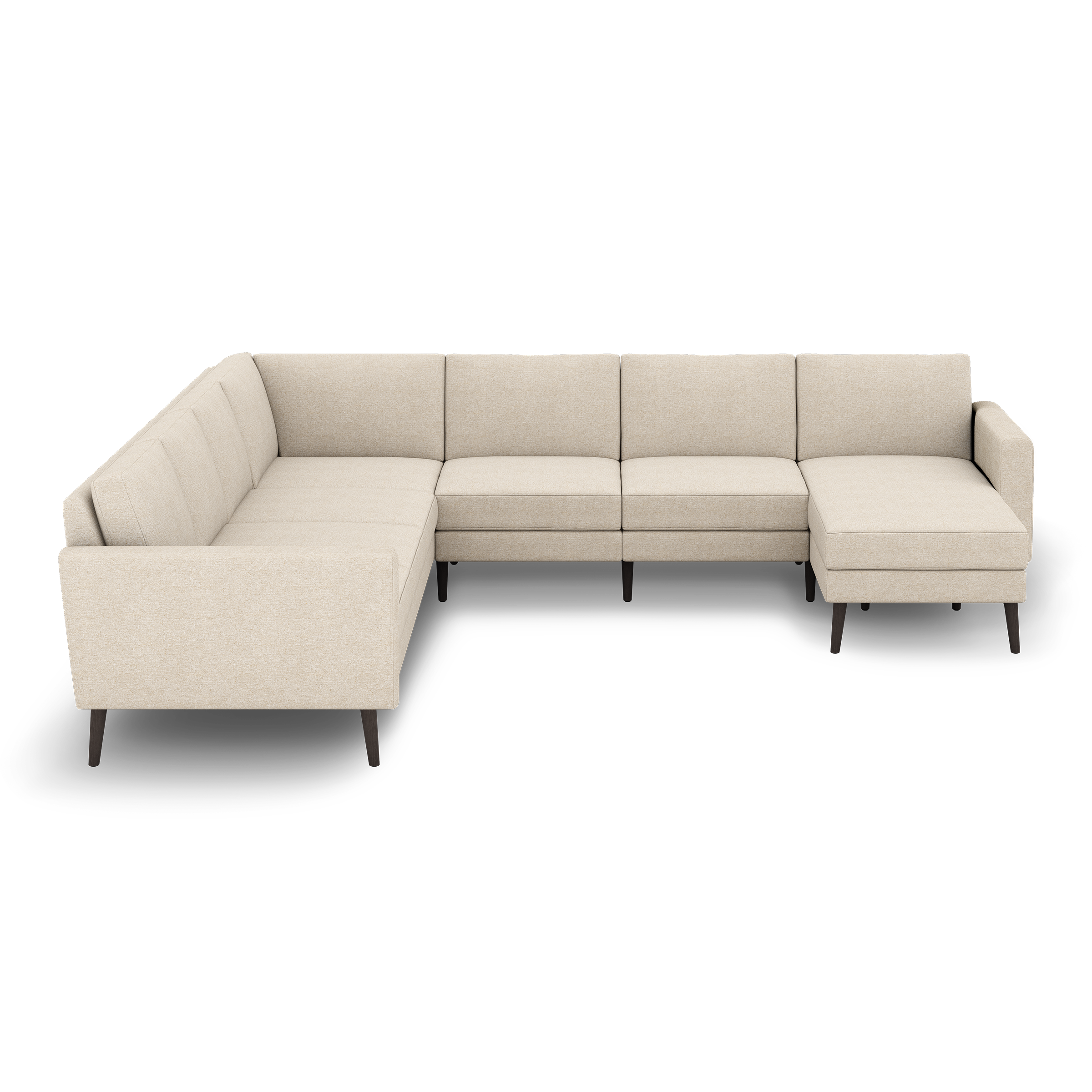 Beige fabric L-shaped sectional sofa with tufted cushions and dark wooden legs, designed for spacious living room comfort.