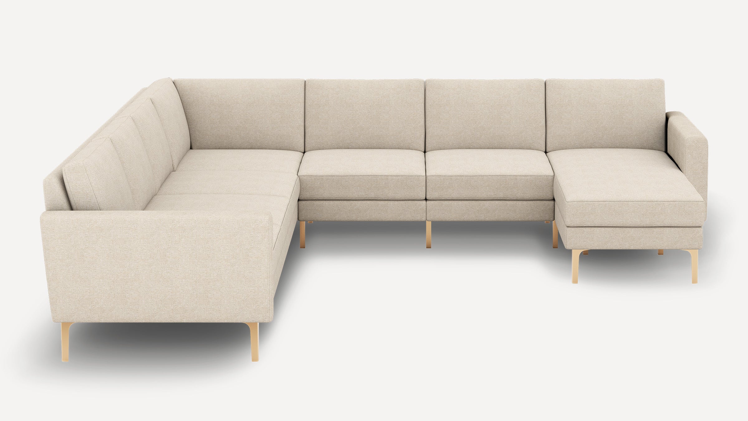 Beige L-shaped sectional sofa with clean lines, plush cushions, and gold-toned metal legs for a modern, elegant look.