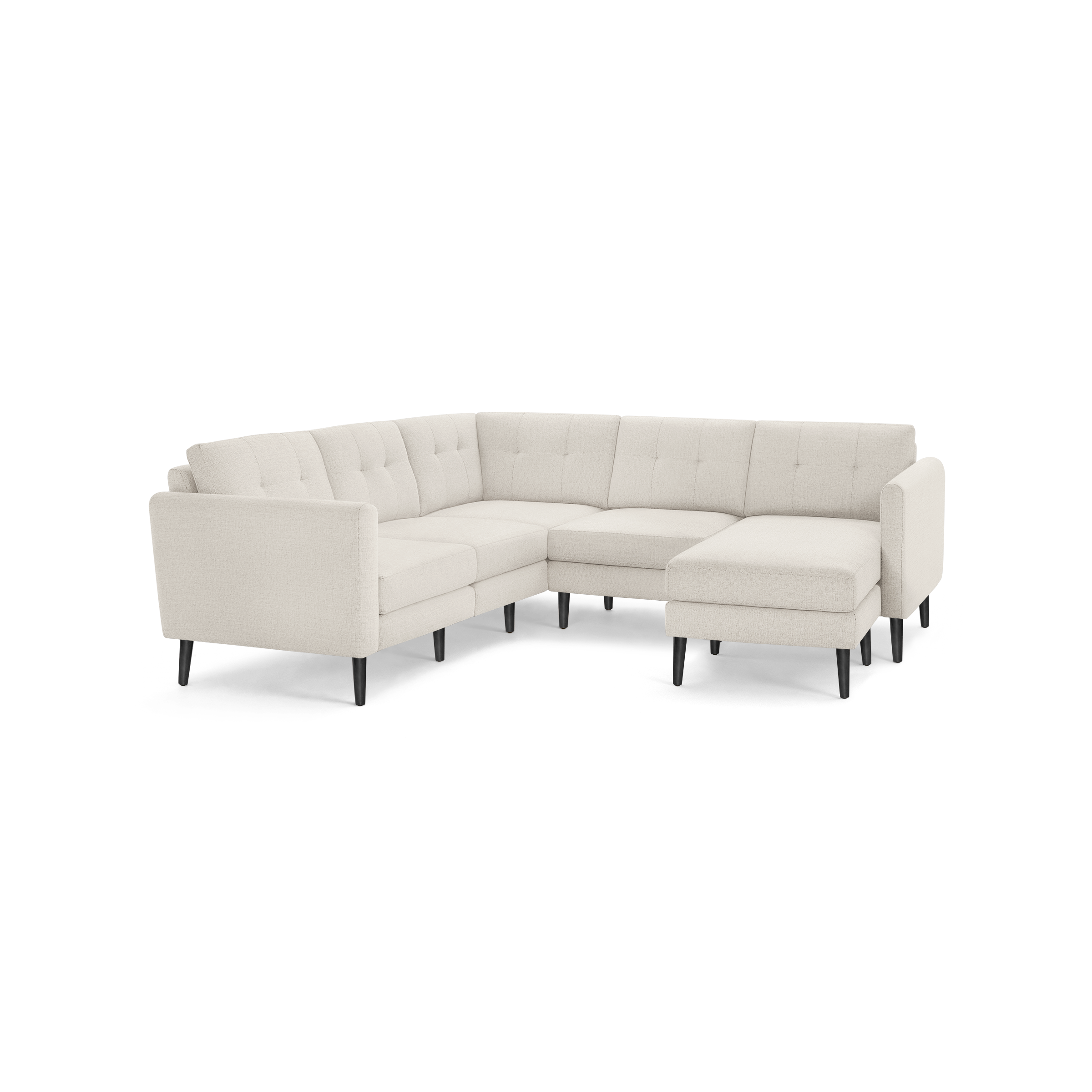 Light beige tufted fabric sectional sofa with black wooden legs, featuring an L-shaped design and modern style.