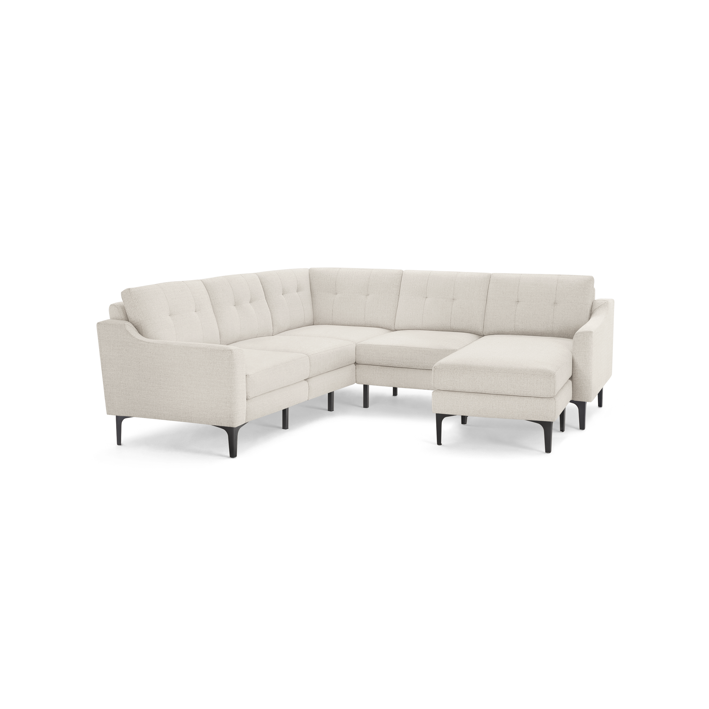 Beige fabric sectional sofa with tufted cushions, right-side chaise, slim black legs, and a modern minimalist design.