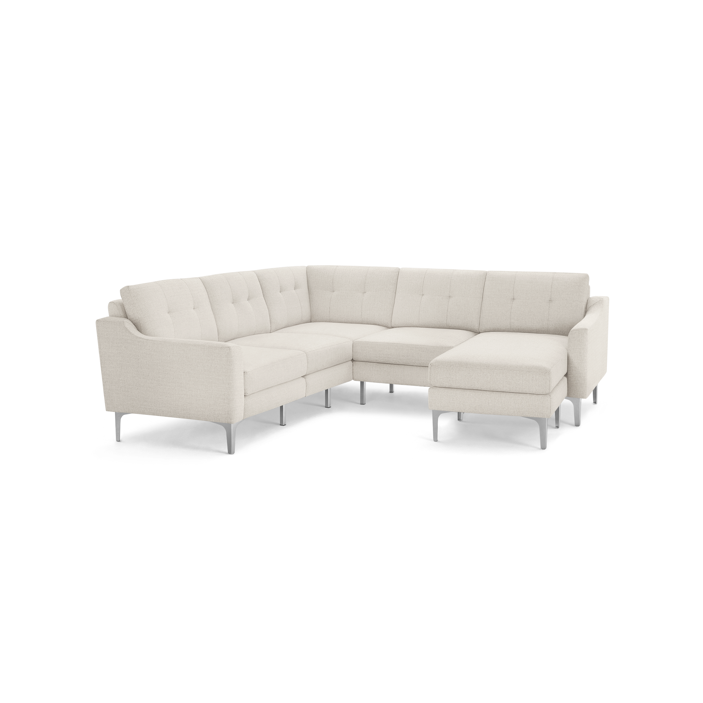 Modern beige fabric sectional sofa with tufted backrests, slim armrests, and metal legs, featuring a right-side chaise lounge.