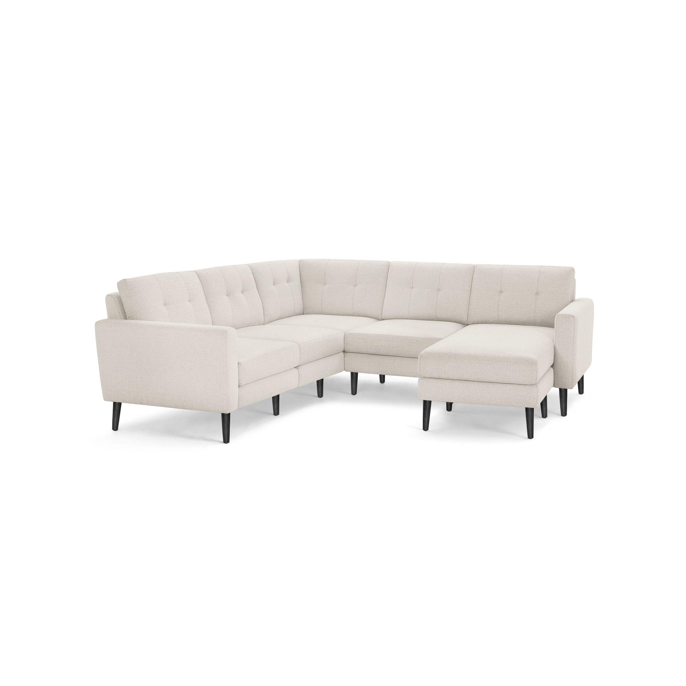Beige modern L-shaped sectional sofa with tufted cushions and black tapered wooden legs, designed for spacious seating.