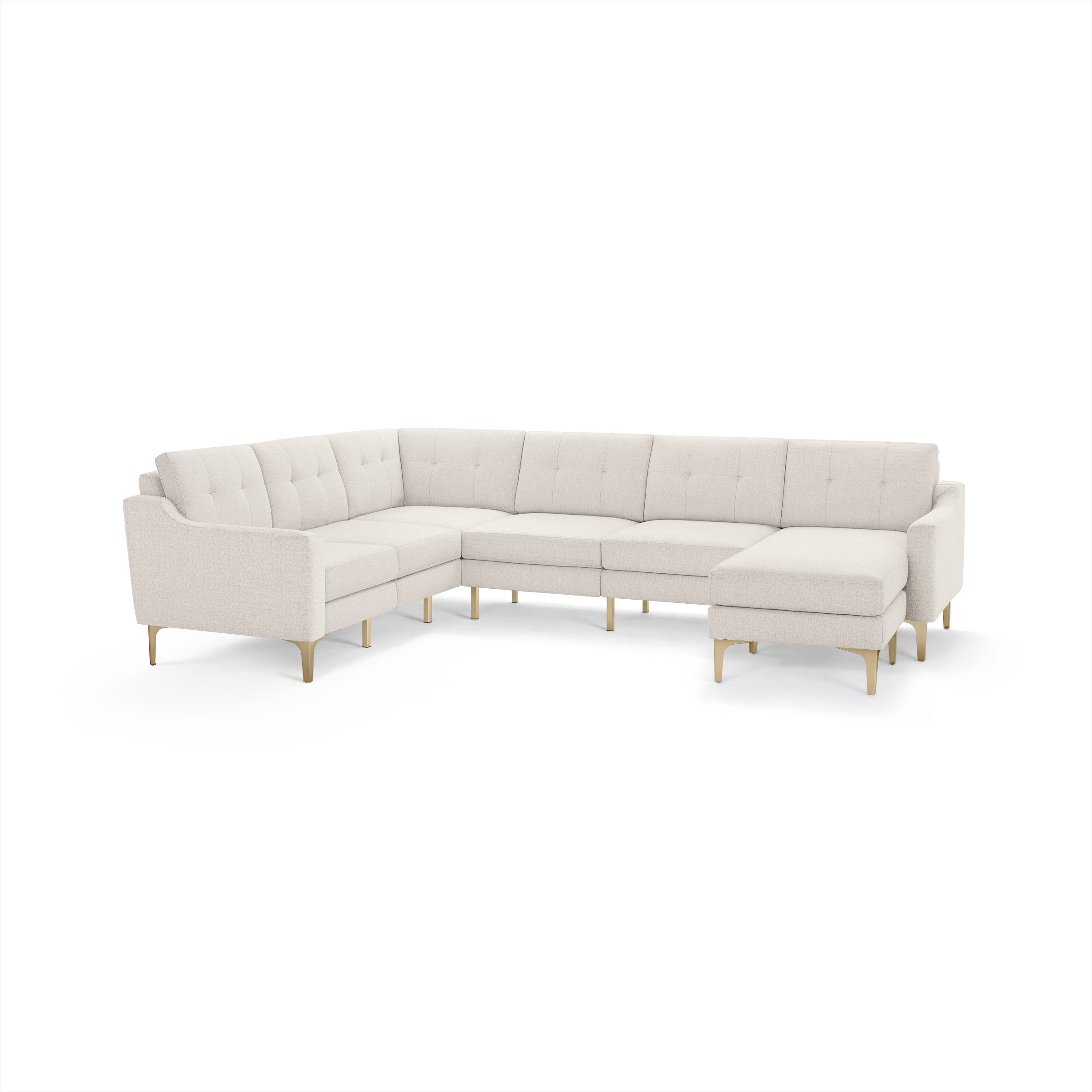 Modern L-shaped sectional sofa with tufted back cushions, beige fabric upholstery, and sleek wooden legs.