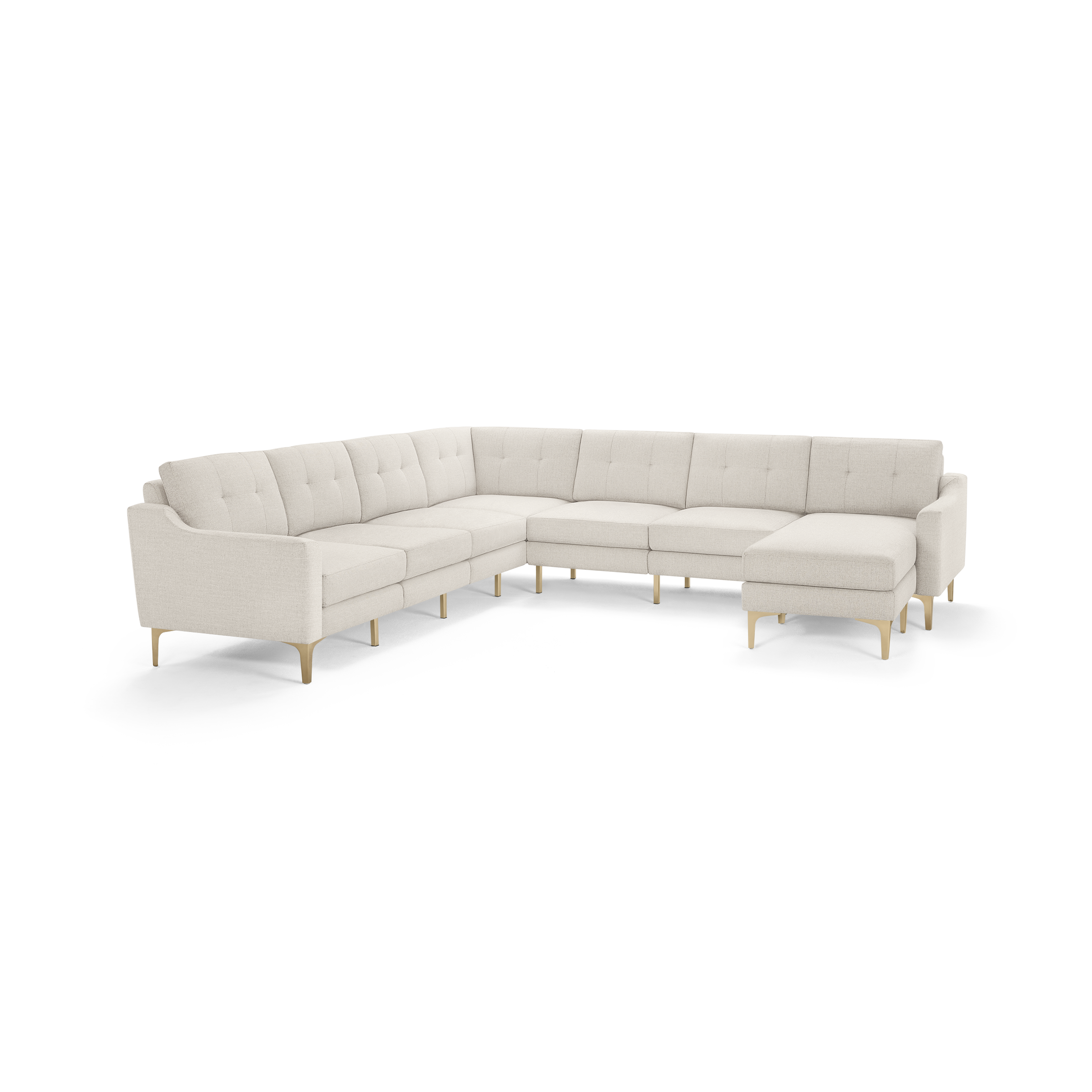 Beige L-shaped sectional sofa with tufted back cushions, slim armrests, and light wooden legs on a white background.