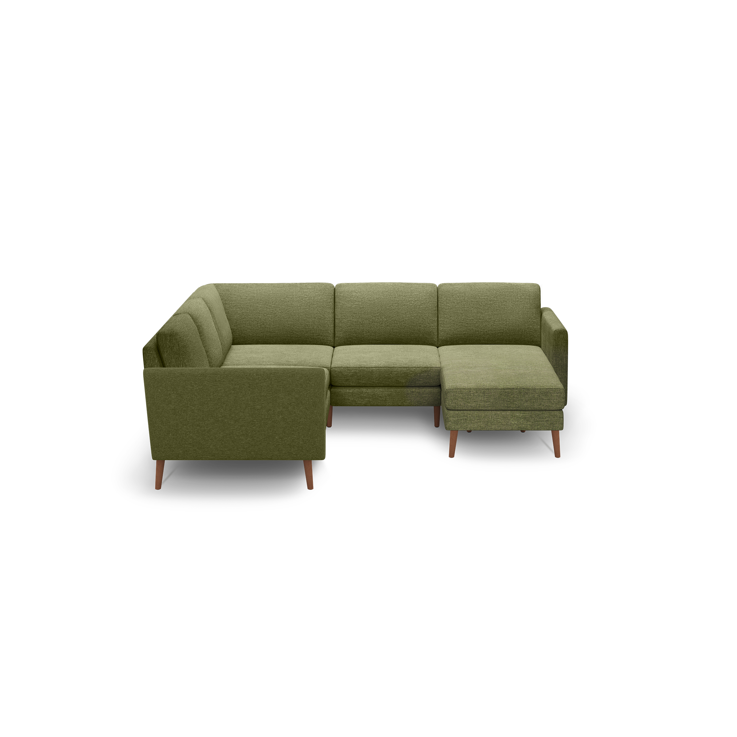 Olive green L-shaped sectional sofa with wooden legs, tufted cushions, and a modern minimalist design.