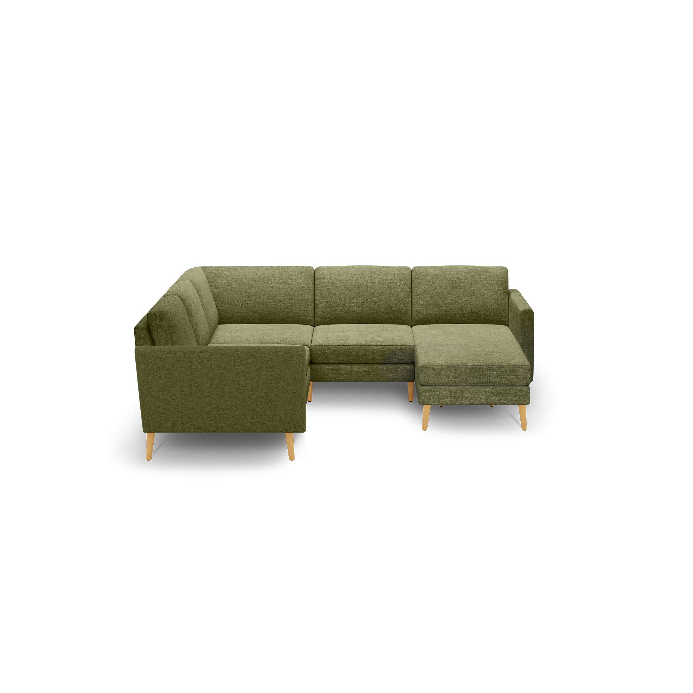 Green fabric L-shaped sectional sofa with wooden legs, featuring a left armrest and right chaise lounge for comfortable seating.