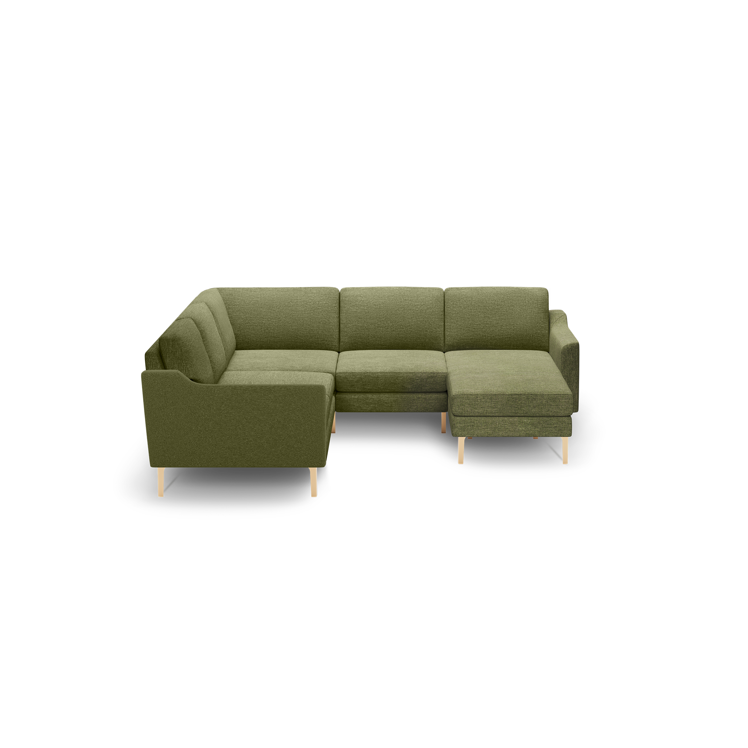 Olive green fabric L-shaped sectional sofa with wooden legs, featuring a left-arm chaise and tufted back cushions.