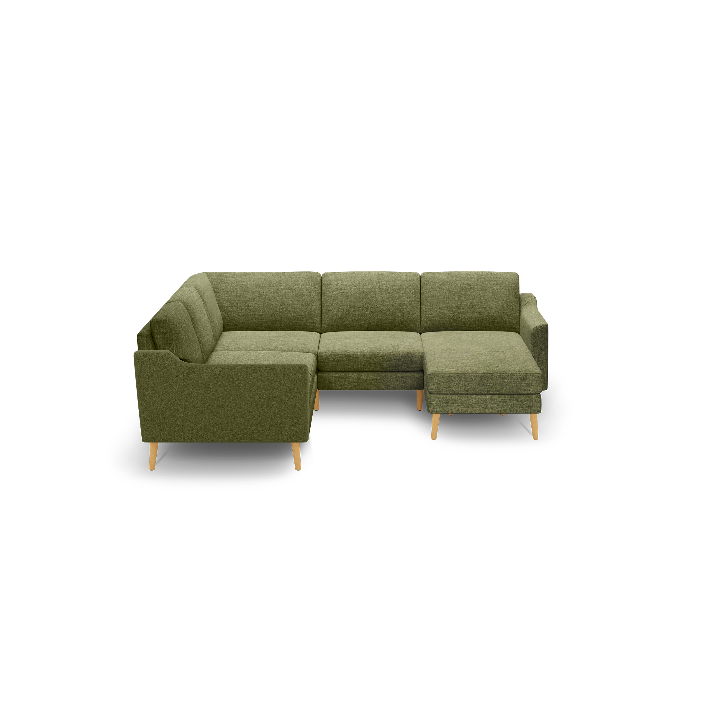 Green fabric L-shaped sectional sofa with tufted back cushions and light wooden legs, designed for modern living rooms.