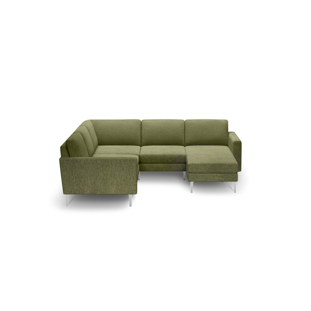 Modern L-shaped sectional sofa in olive green fabric with clean lines and silver metal legs, set against a black background.