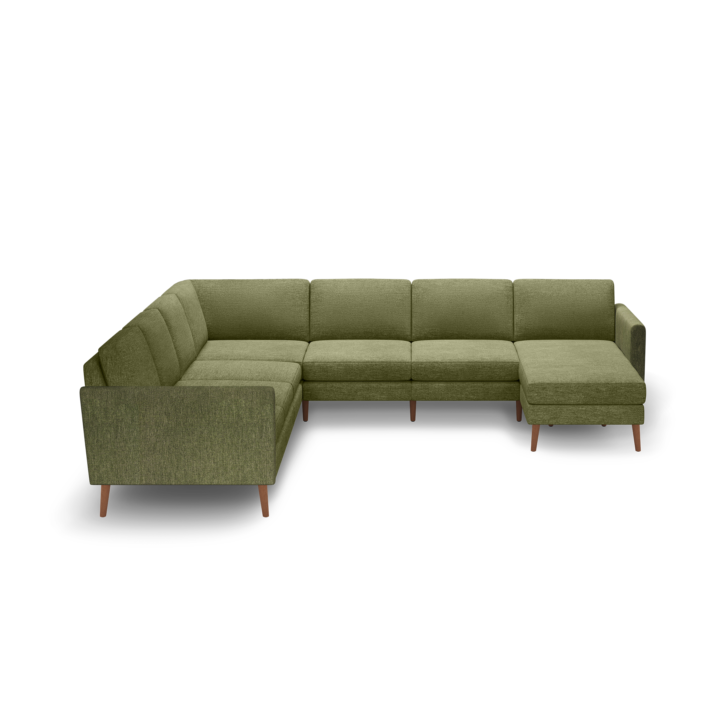 Olive green fabric upholstered L-shaped sectional sofa with wooden legs, featuring tufted seat cushions and a chaise lounge on the right side.