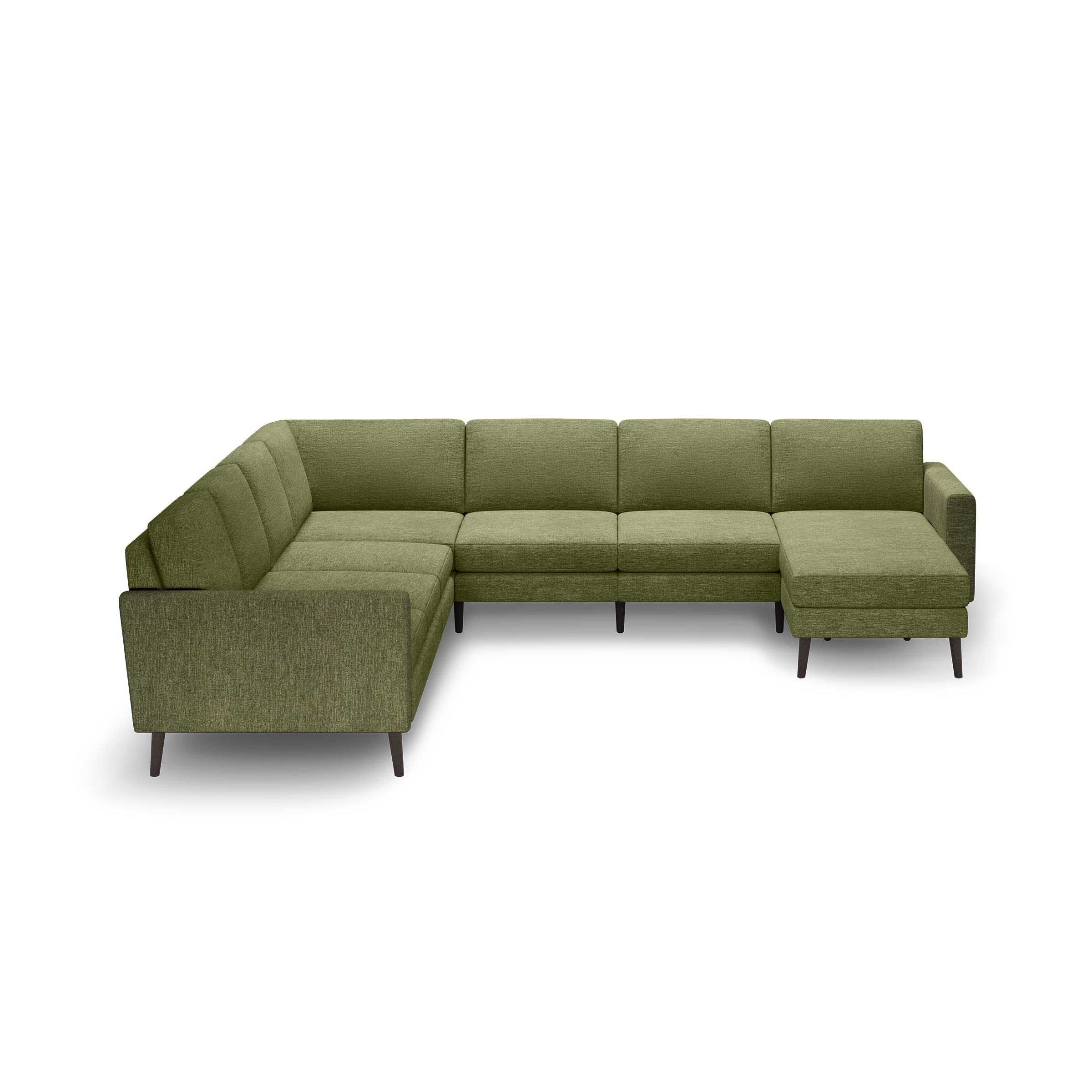 Olive green fabric sectional sofa with chaise lounge, tufted cushions, and dark wooden legs, isolated on black background.