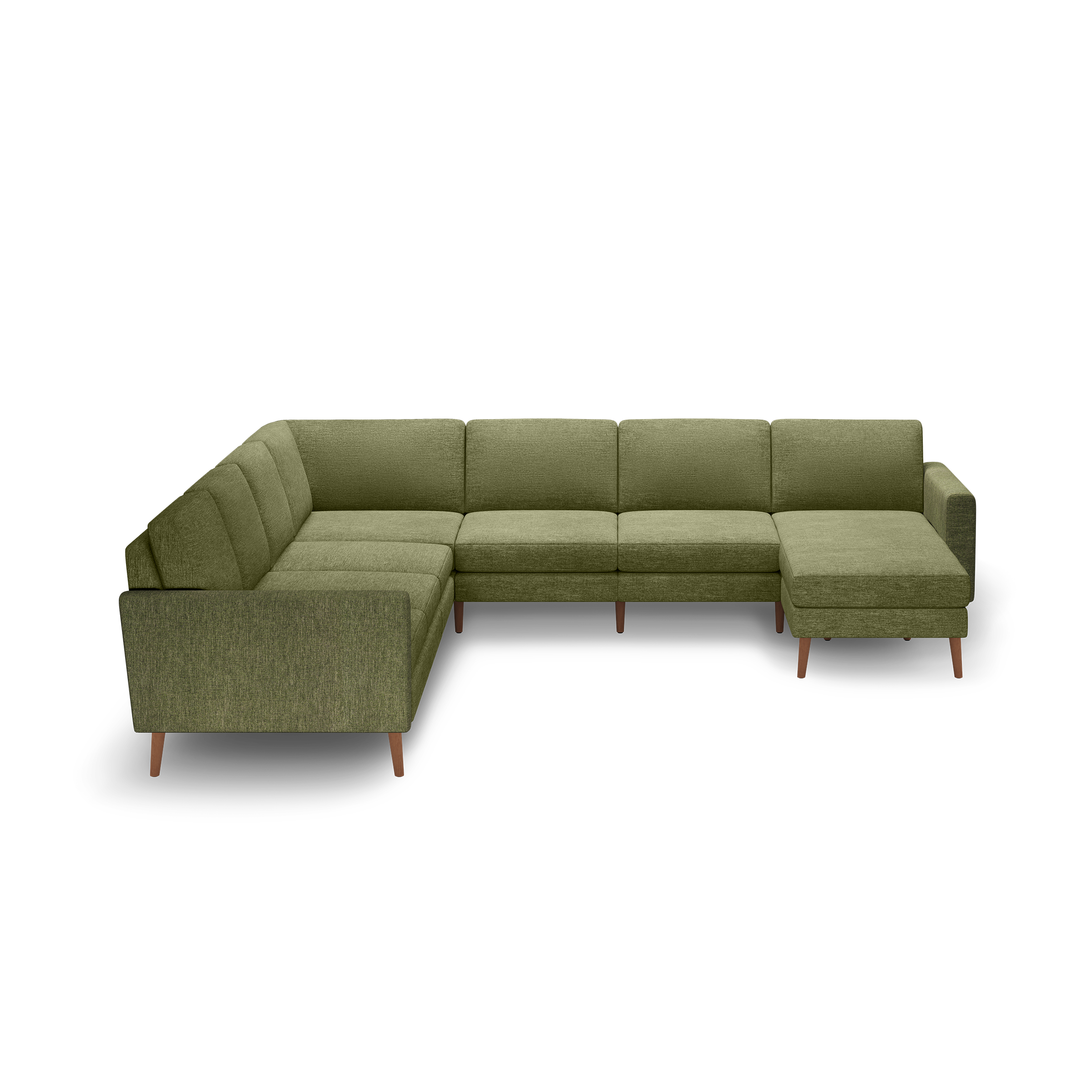 Olive green L-shaped sectional sofa with tufted cushions, low backrest, and wooden legs, designed for spacious seating.