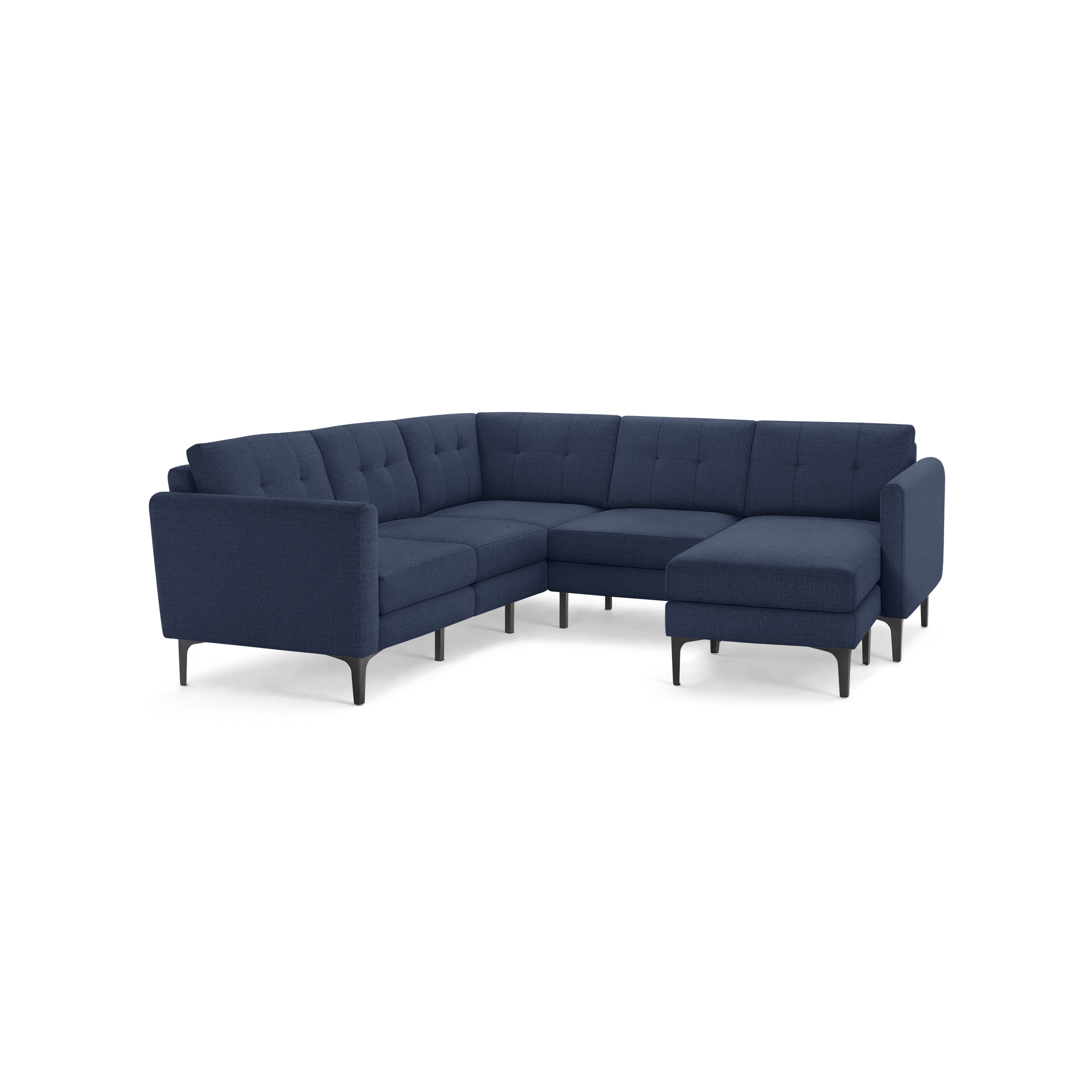 Modern L-shaped sectional sofa with deep navy blue fabric upholstery, tufted back cushions, and slim black metal legs.
