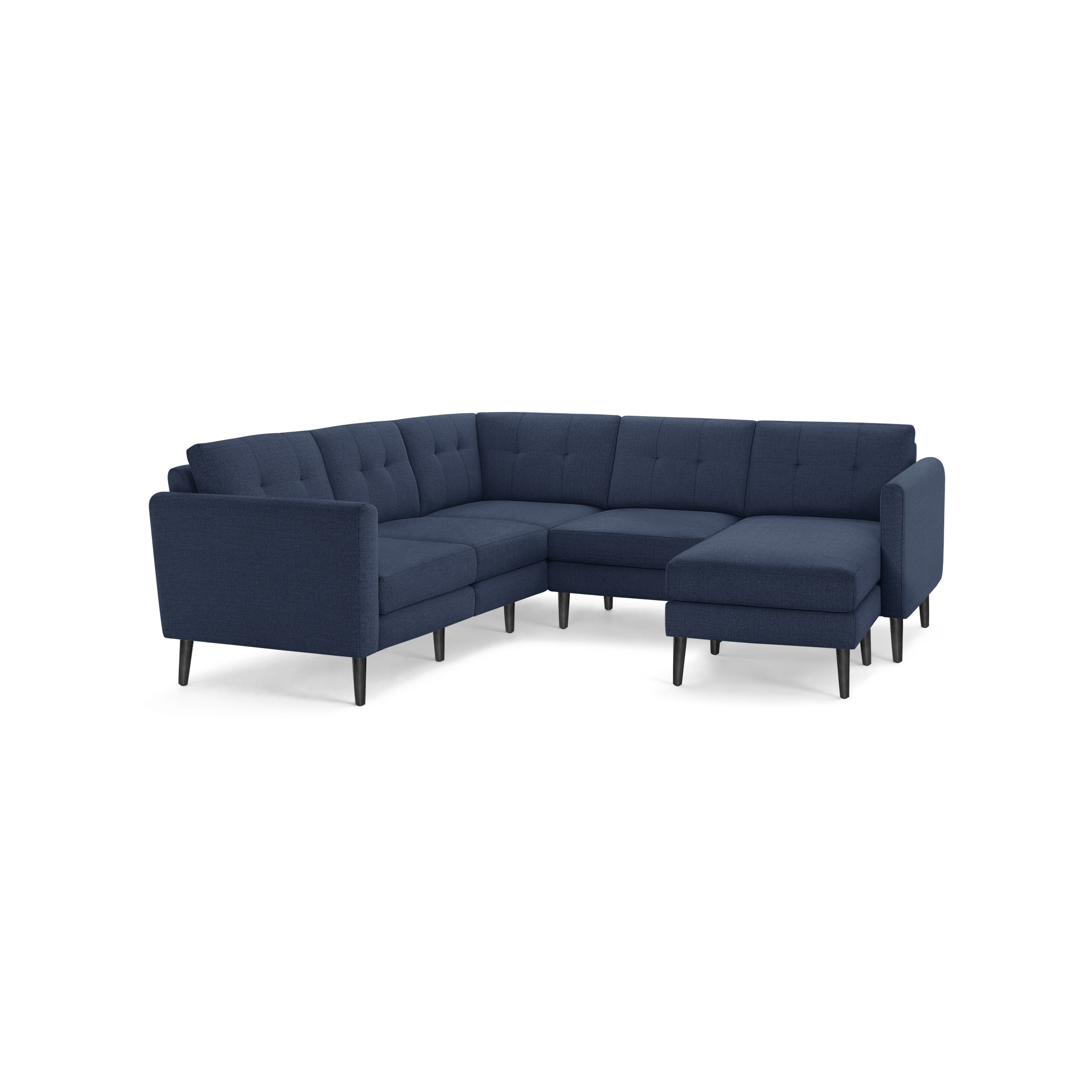 Modern L-shaped navy blue fabric sectional sofa with tufted cushions and black tapered legs, designed for spacious living room comfort.