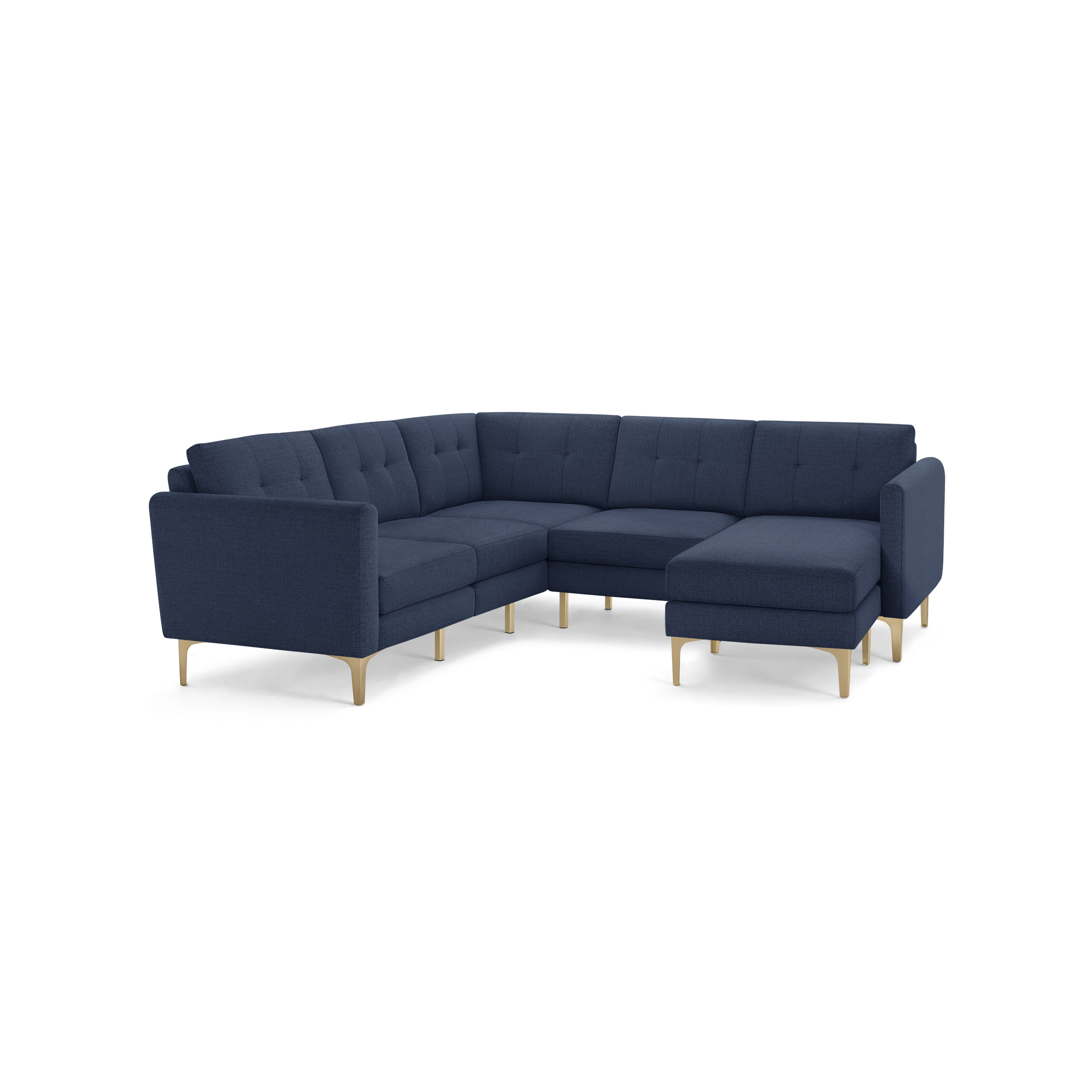 Modern L-shaped navy blue fabric sectional sofa with button-tufted cushions and light wooden legs, designed for spacious seating.