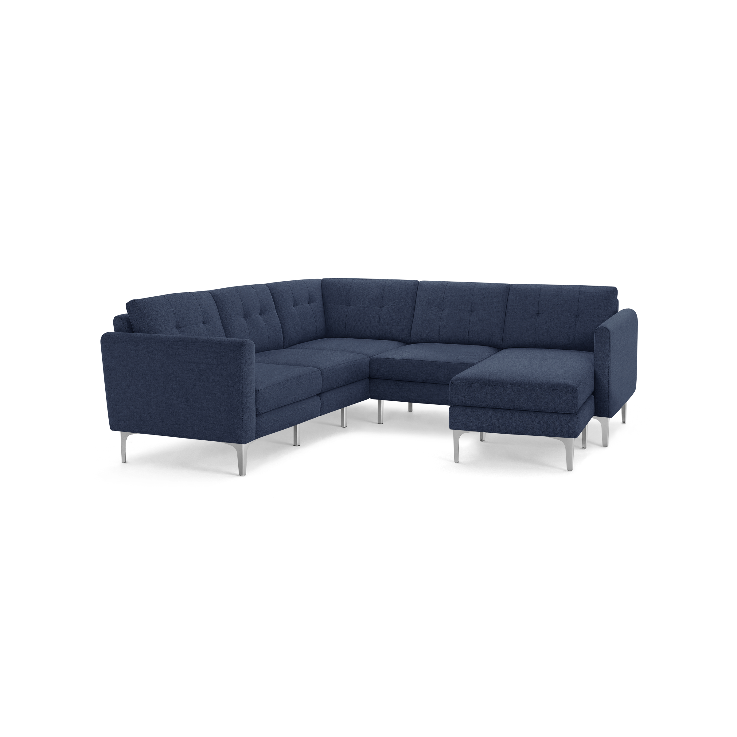 Modern navy blue fabric L-shaped sectional sofa with tufted backrest and metal legs, suitable for spacious living rooms.