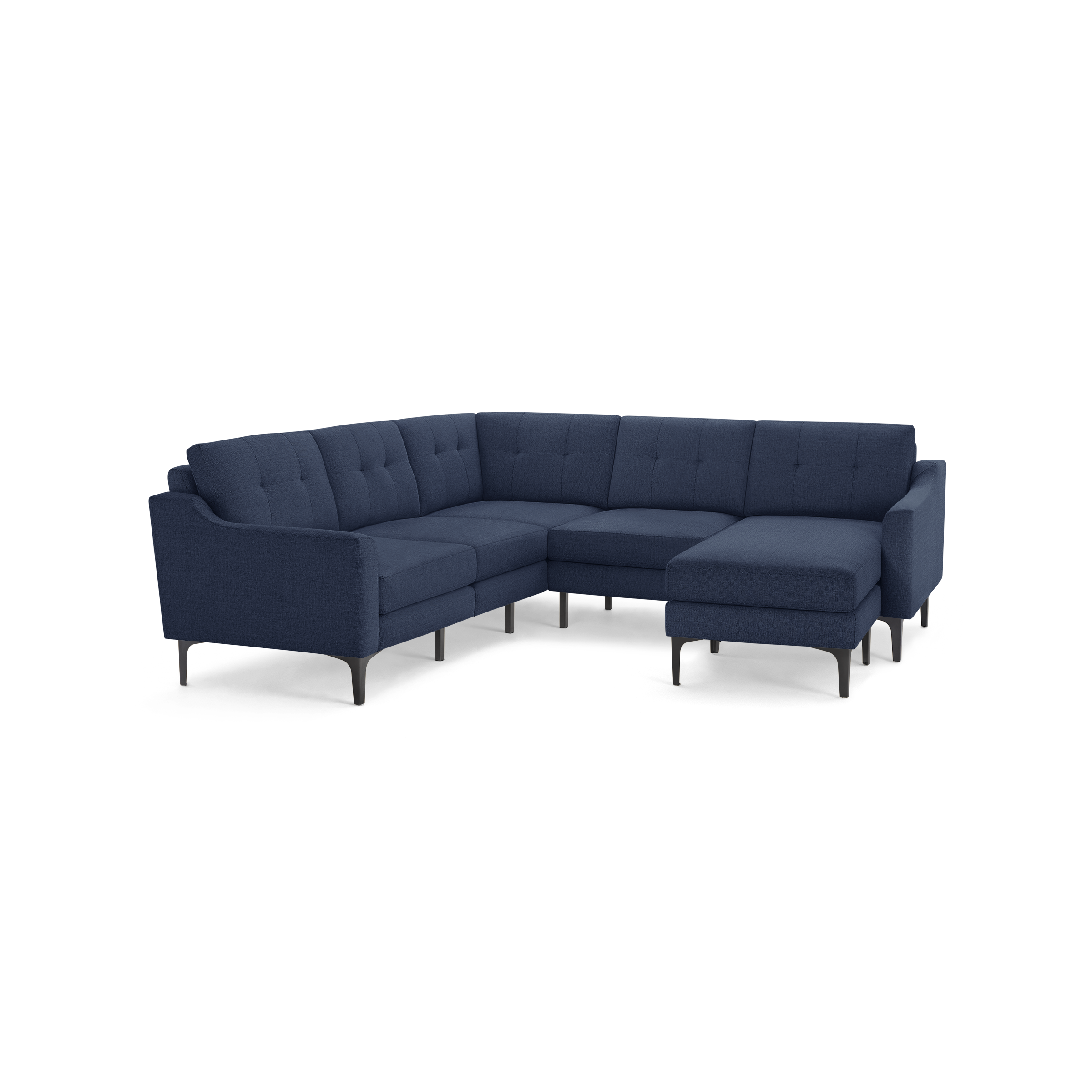 Modern navy blue fabric sectional sofa with tufted back cushions and sleek black metal legs, featuring a right-side chaise lounge.