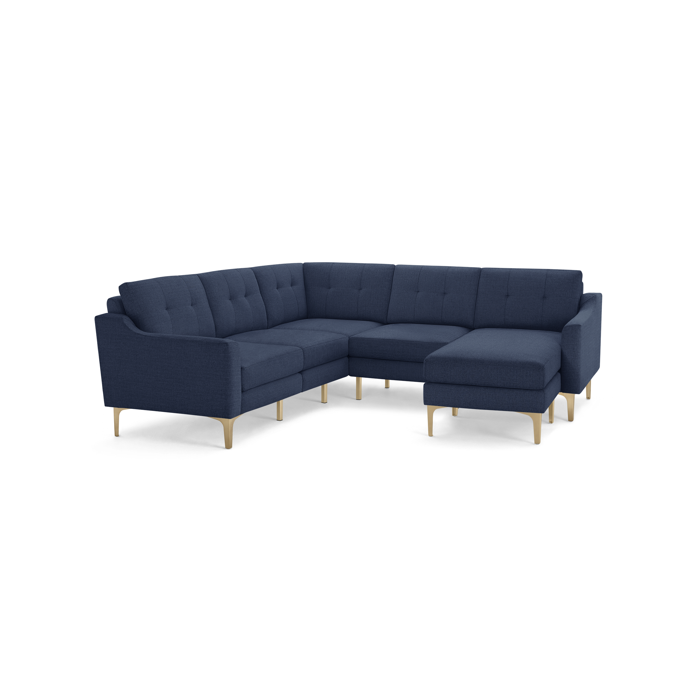Modern navy blue L-shaped sectional sofa with tufted cushions and light wooden legs, featuring a chaise on the right side.