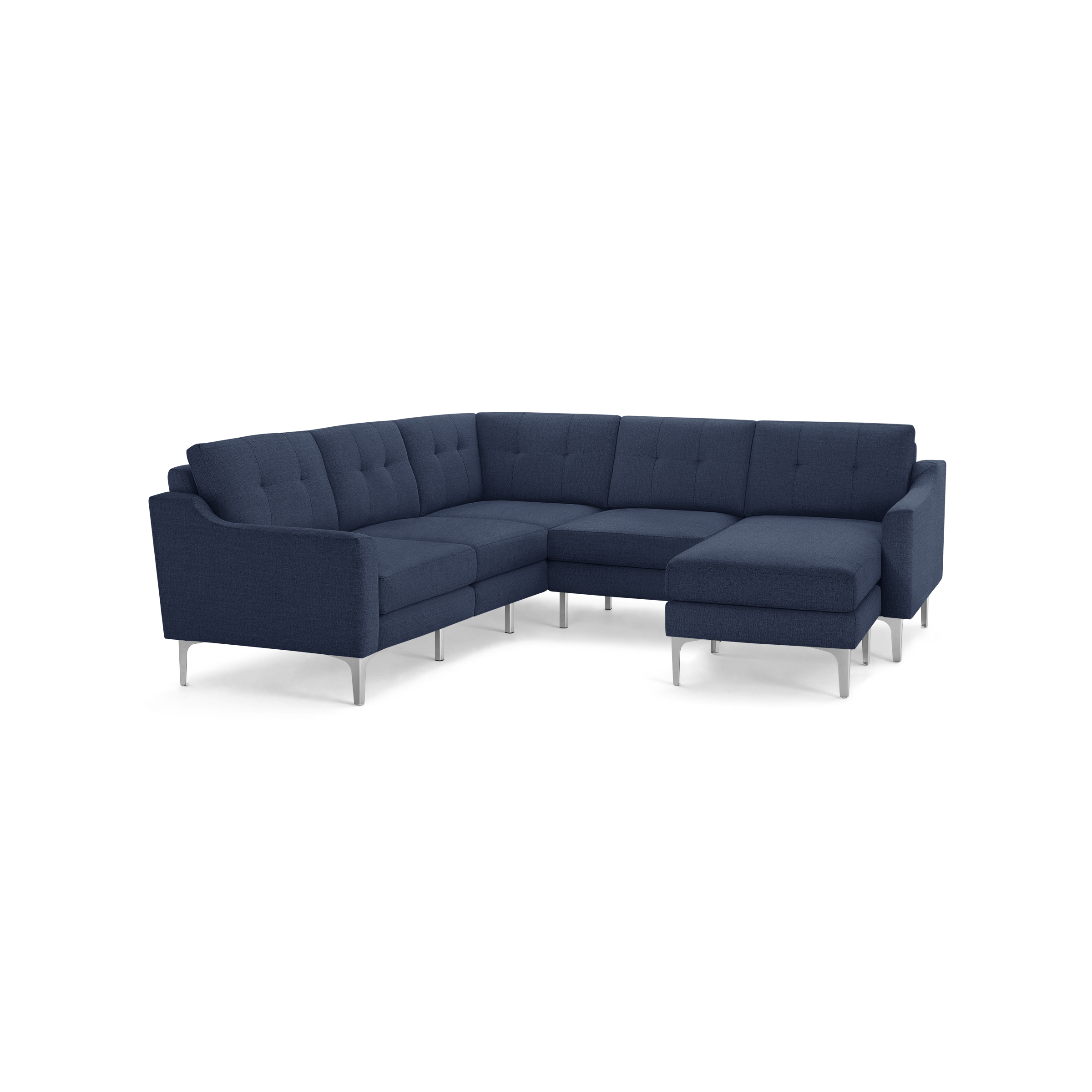Modern navy blue fabric sectional sofa with tufted cushions and sleek silver metal legs, featuring an L-shaped design and a chaise lounge.