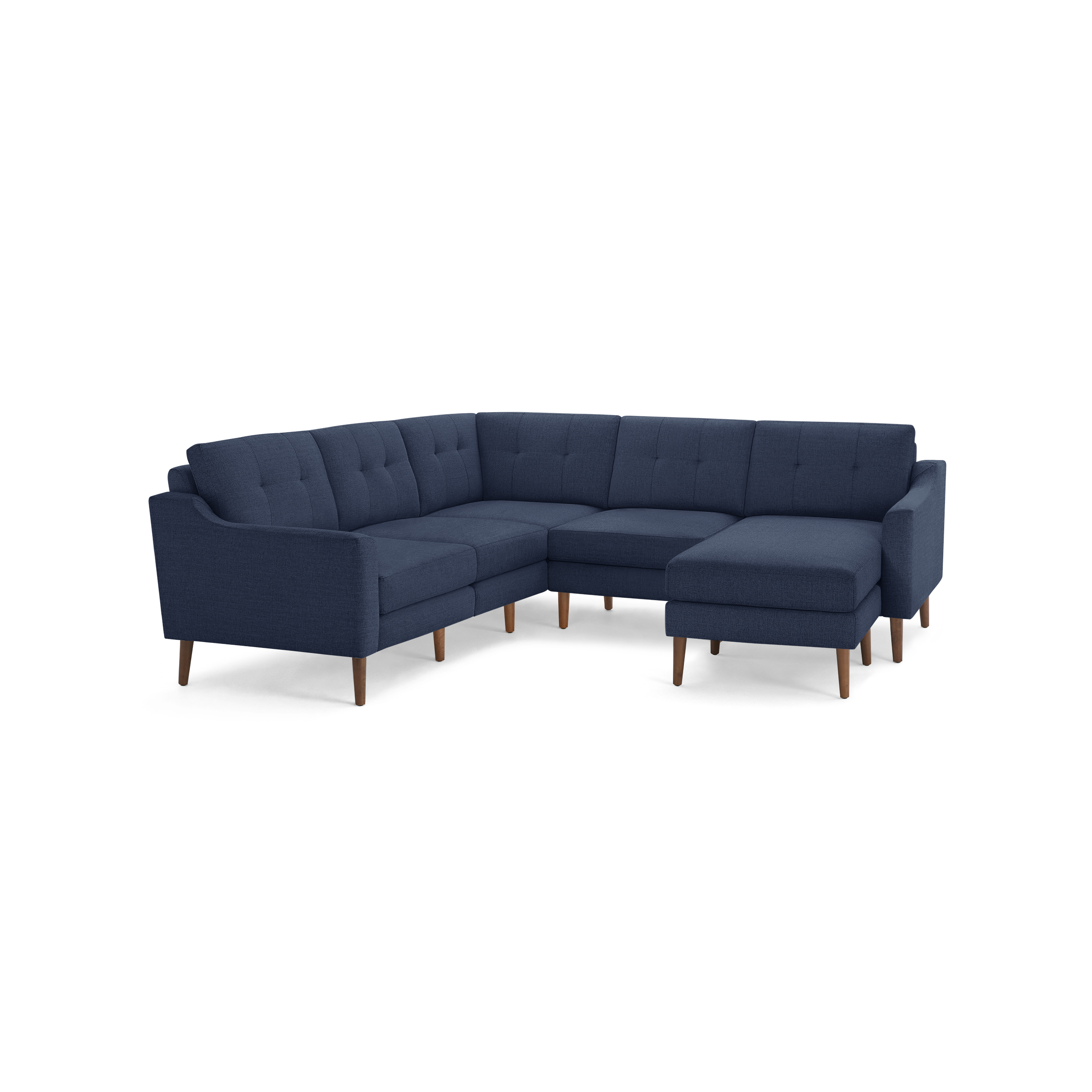 Modern navy blue sectional sofa with tufted cushions and wooden legs, featuring a right-side chaise lounge for extra comfort.