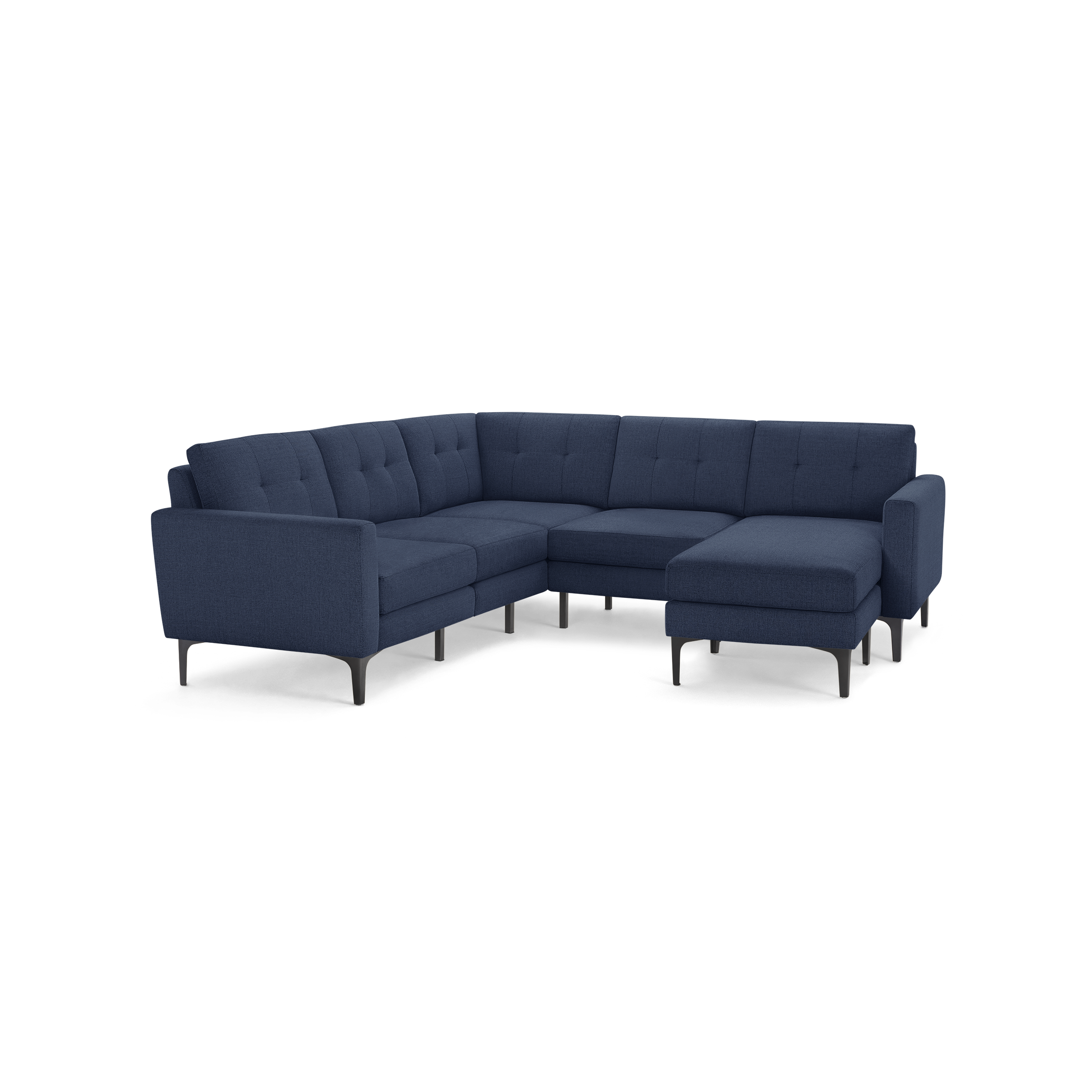 Alt text: Modern L-shaped sectional sofa in dark blue fabric, featuring tufted back cushions and sleek black legs.