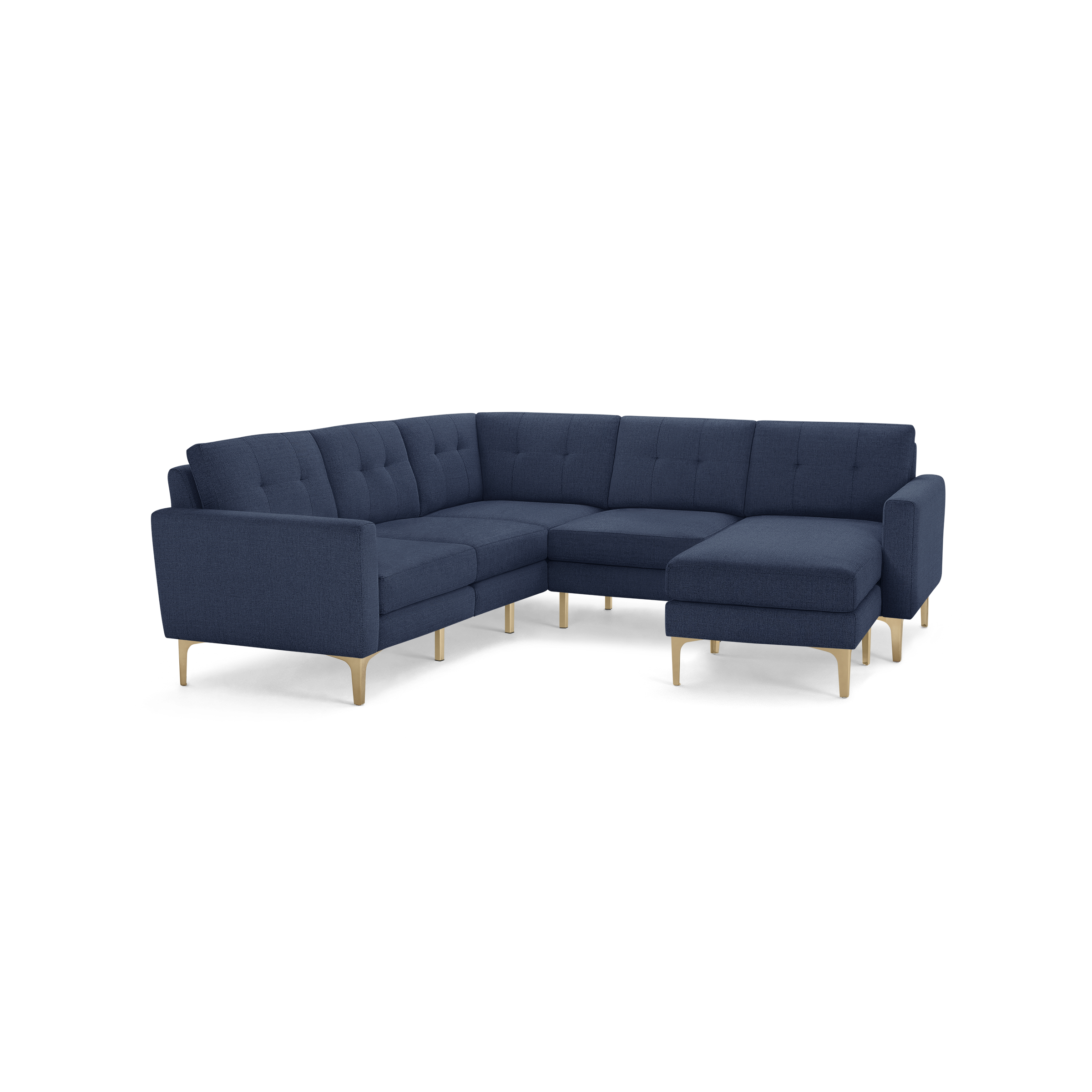 Modern navy blue sectional sofa with tufted back cushions and light wooden legs, featuring a right-facing chaise lounge.