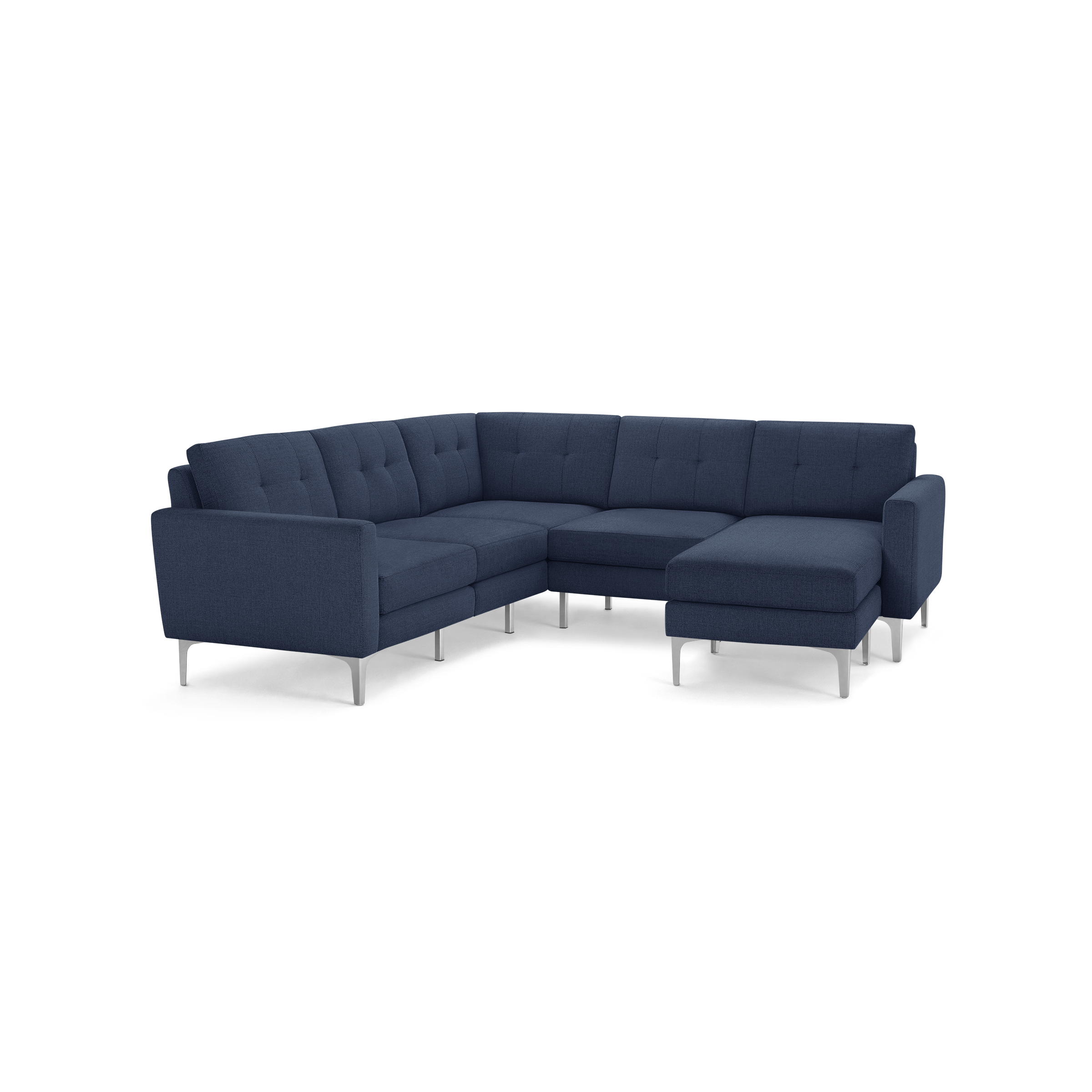 Modern navy blue fabric L-shaped sectional sofa with tufted back cushions and sleek metal legs.