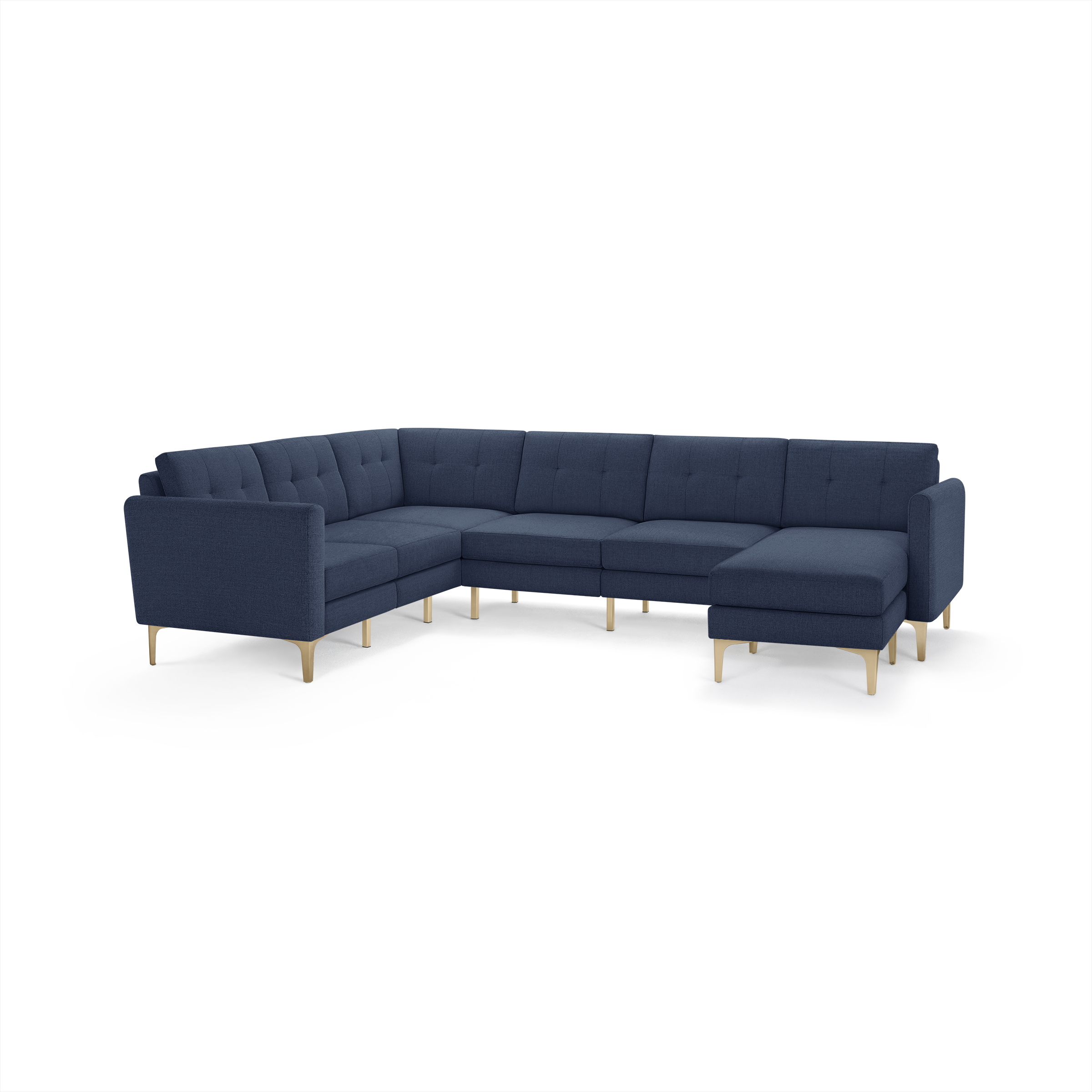 Large modern navy blue fabric sectional sofa with tufted cushions and light wooden legs, designed with left-arm and right-arm chaise lounge.