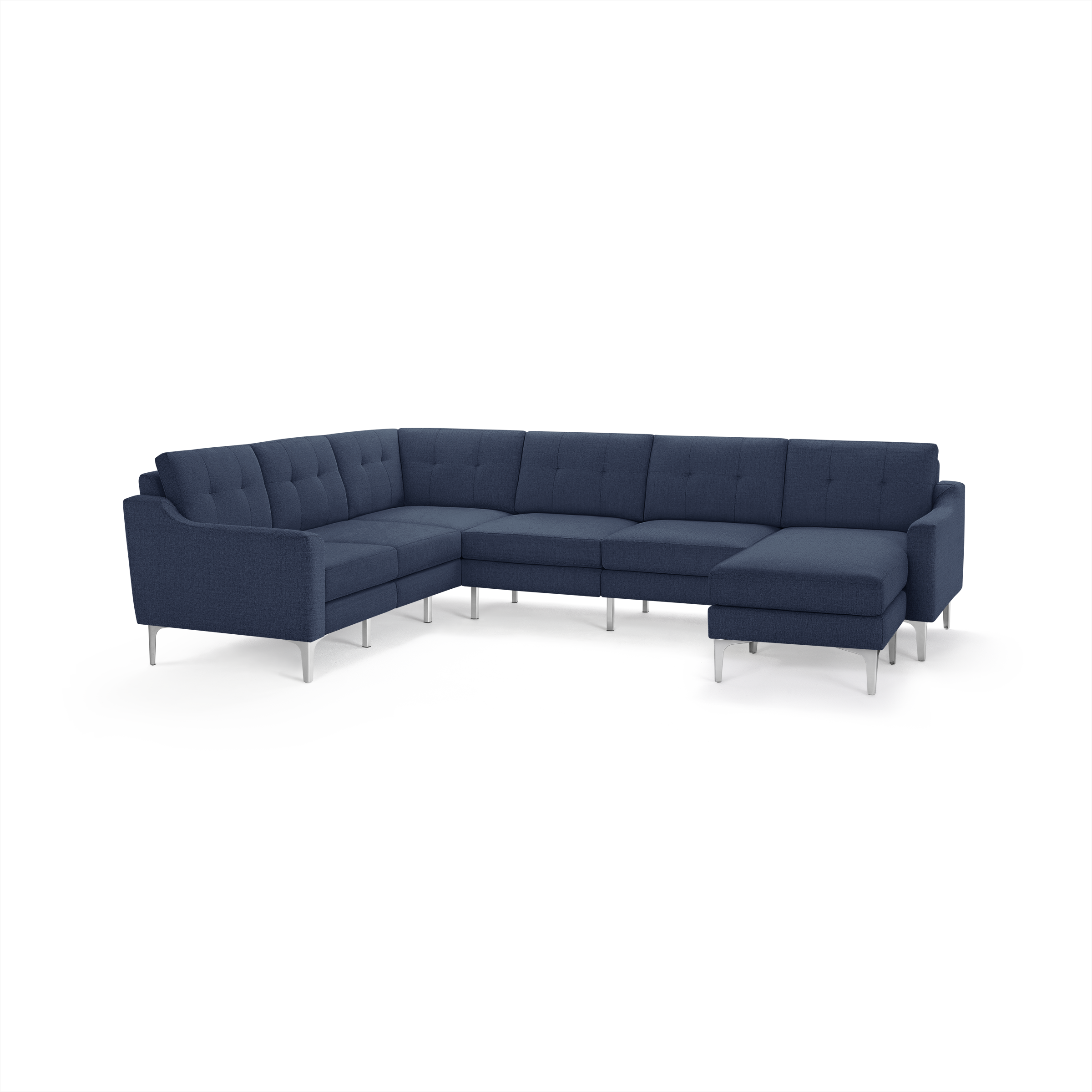 Modern navy blue L-shaped sectional sofa with tufted cushions, slim armrests, and silver metal legs.