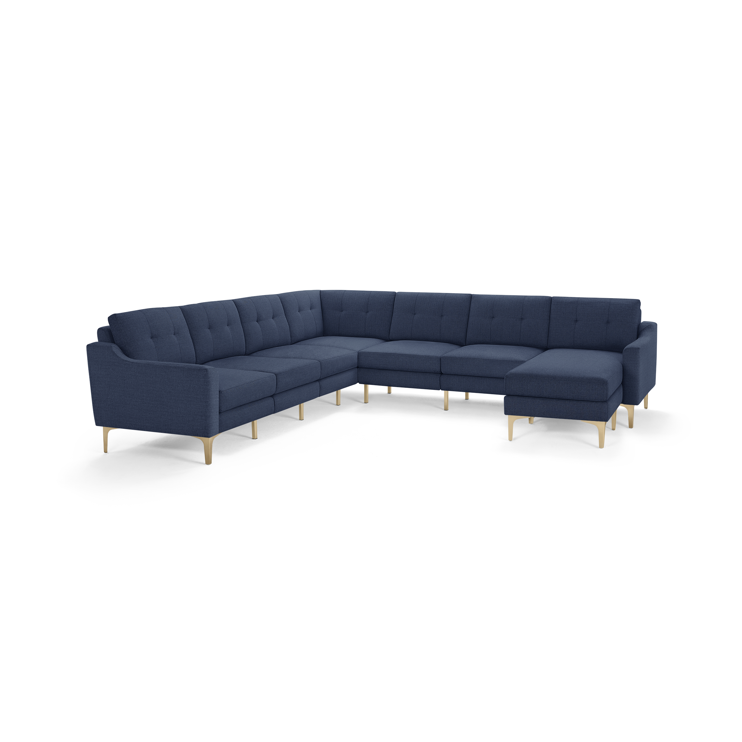Modern navy blue L-shaped sectional sofa with tufted cushions and light wooden legs, featuring clean lines and comfortable seating.
