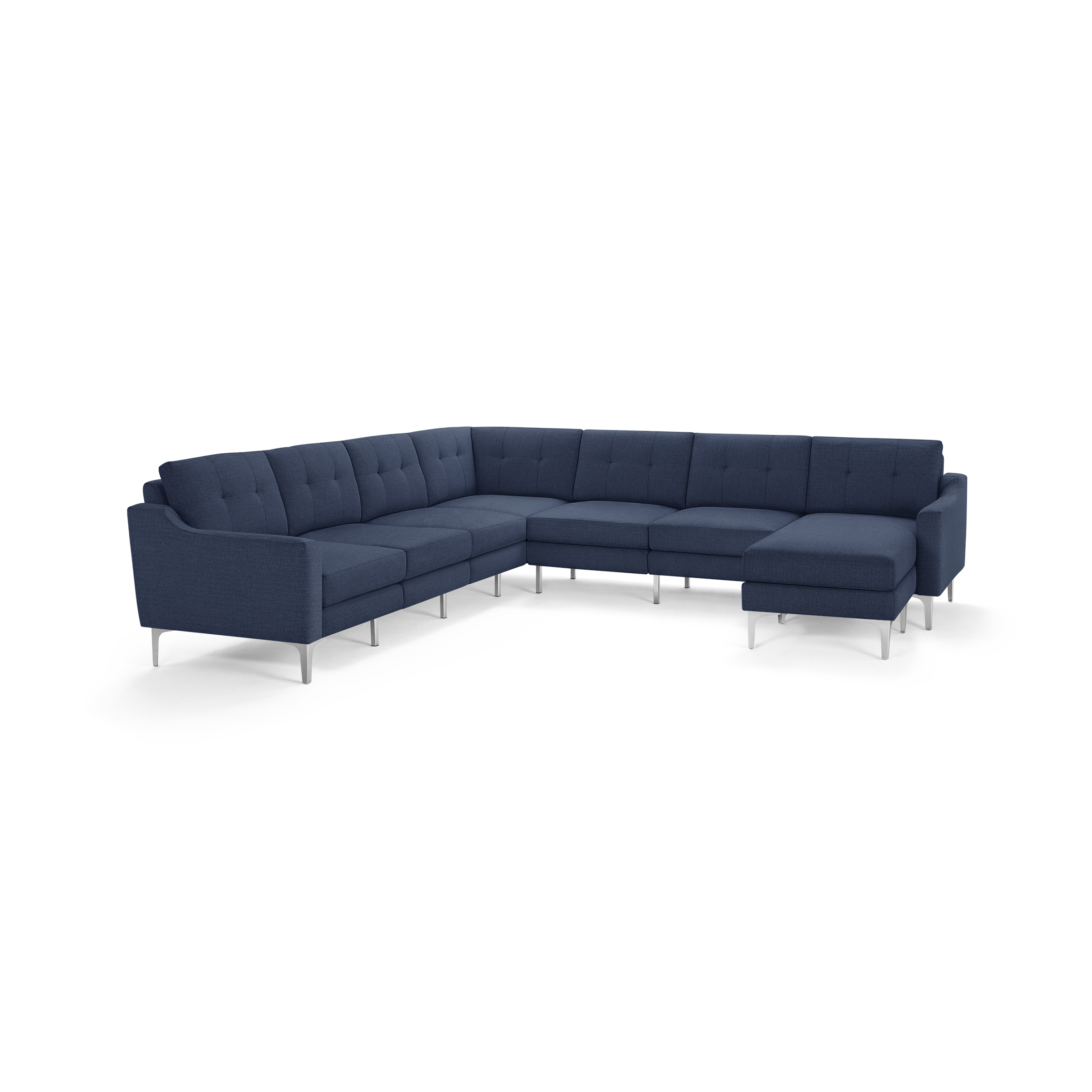 Modern navy blue L-shaped sectional sofa with tufted cushions, sleek metal legs, and a right-side chaise lounge.