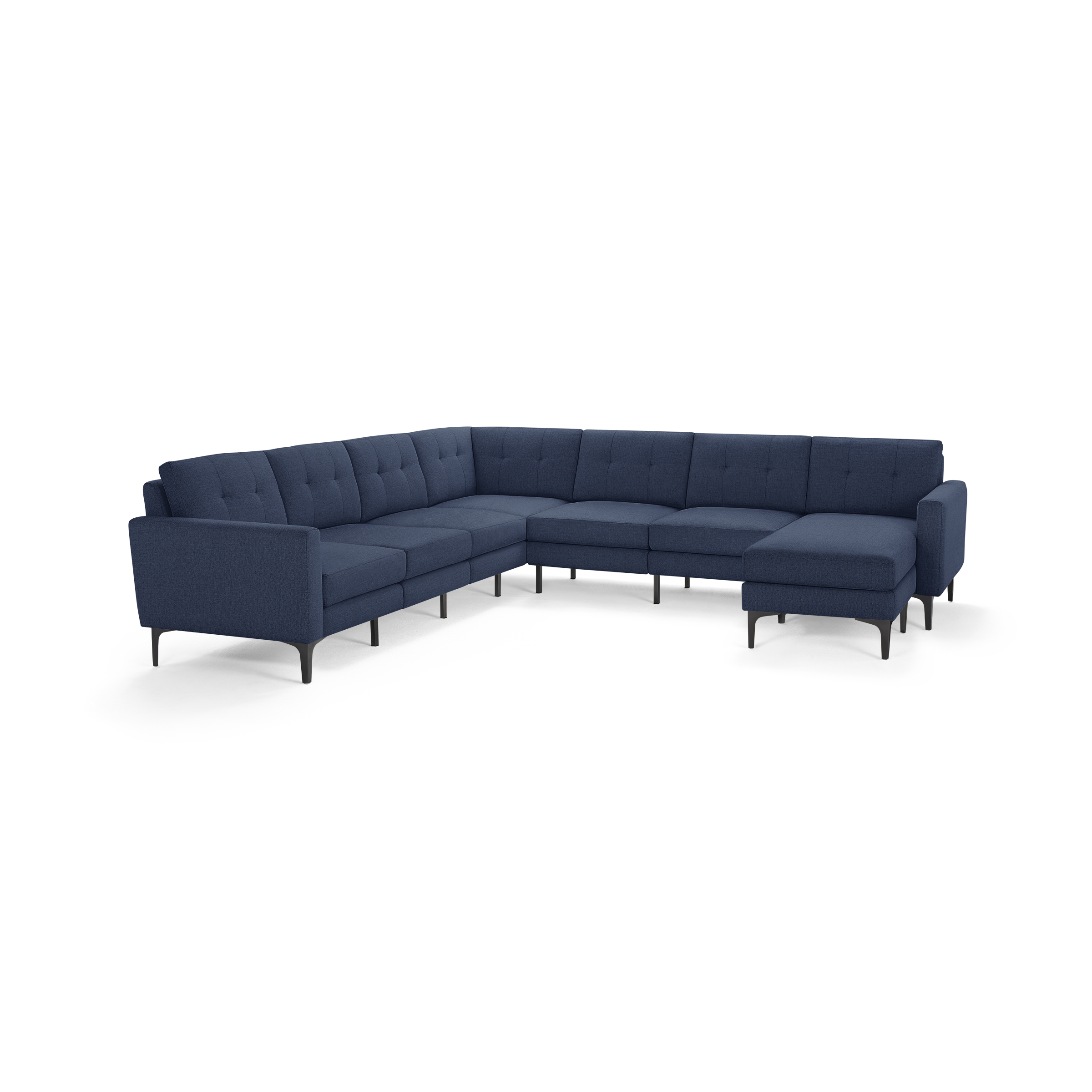 Modern navy blue sectional sofa with tufted cushions, sleek armrests, and metal legs, offering spacious corner seating.