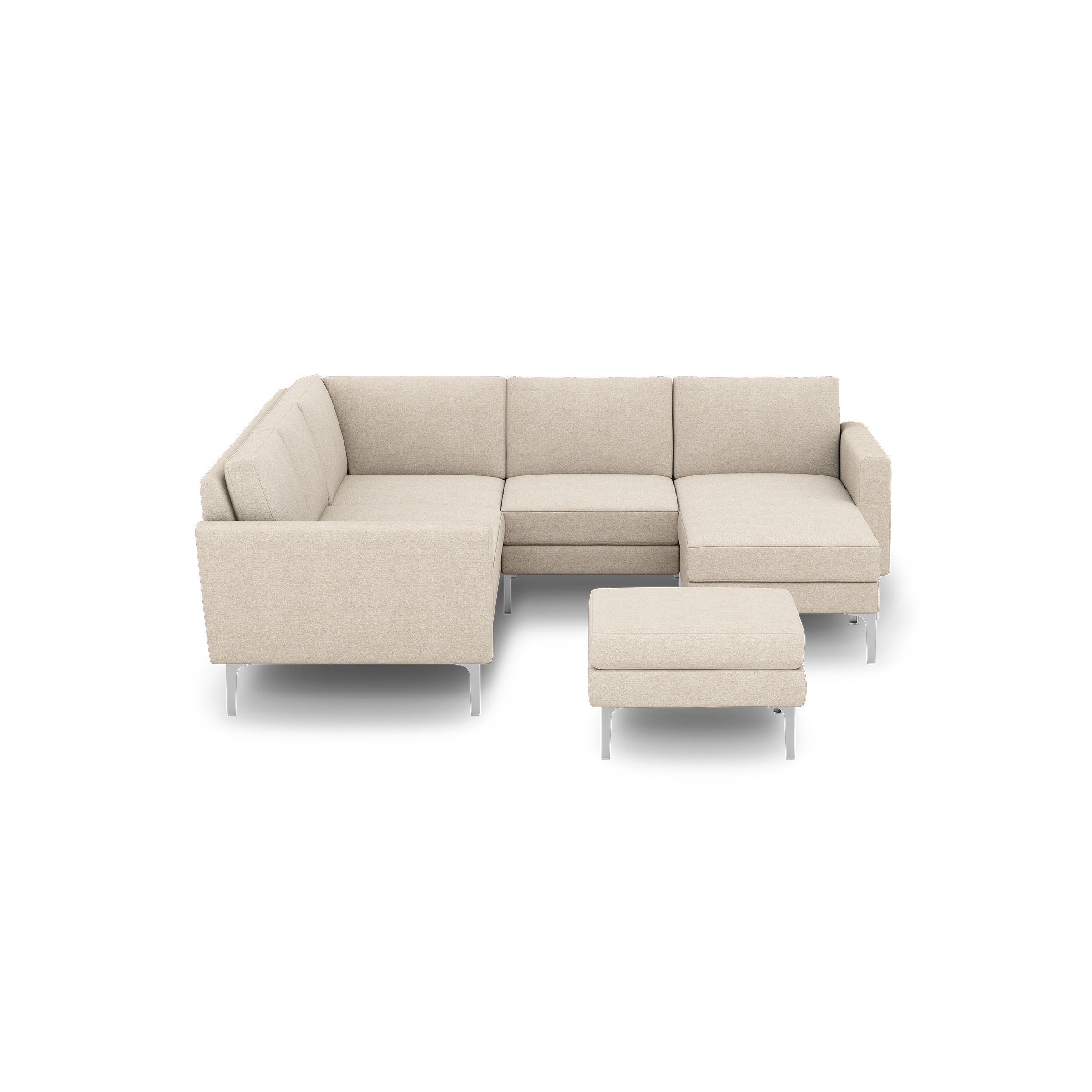 Beige sectional sofa with metal legs and matching ottoman, featuring clean lines and a modern design on a black background.