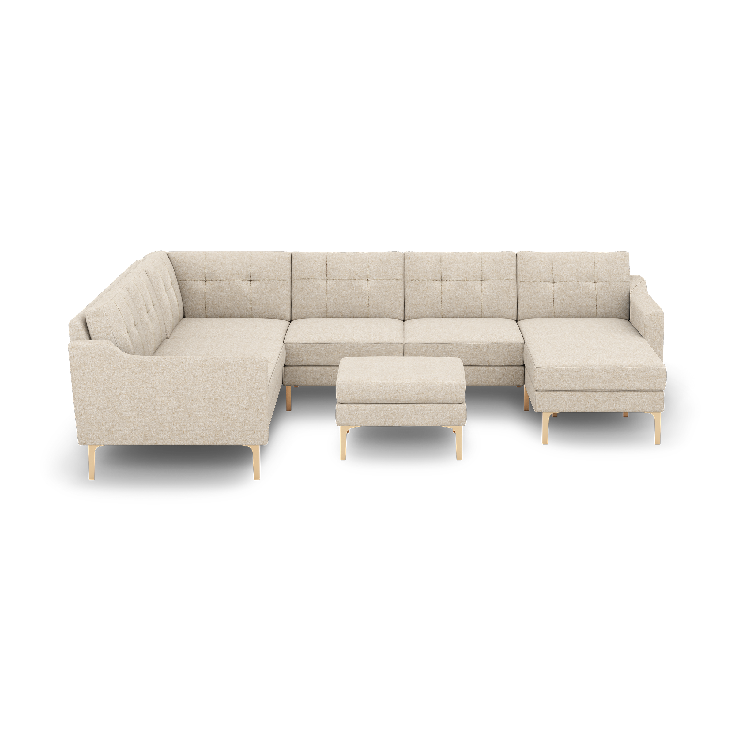 Beige modern sectional sofa with tufted cushions, metal legs, and matching square ottoman on black background.