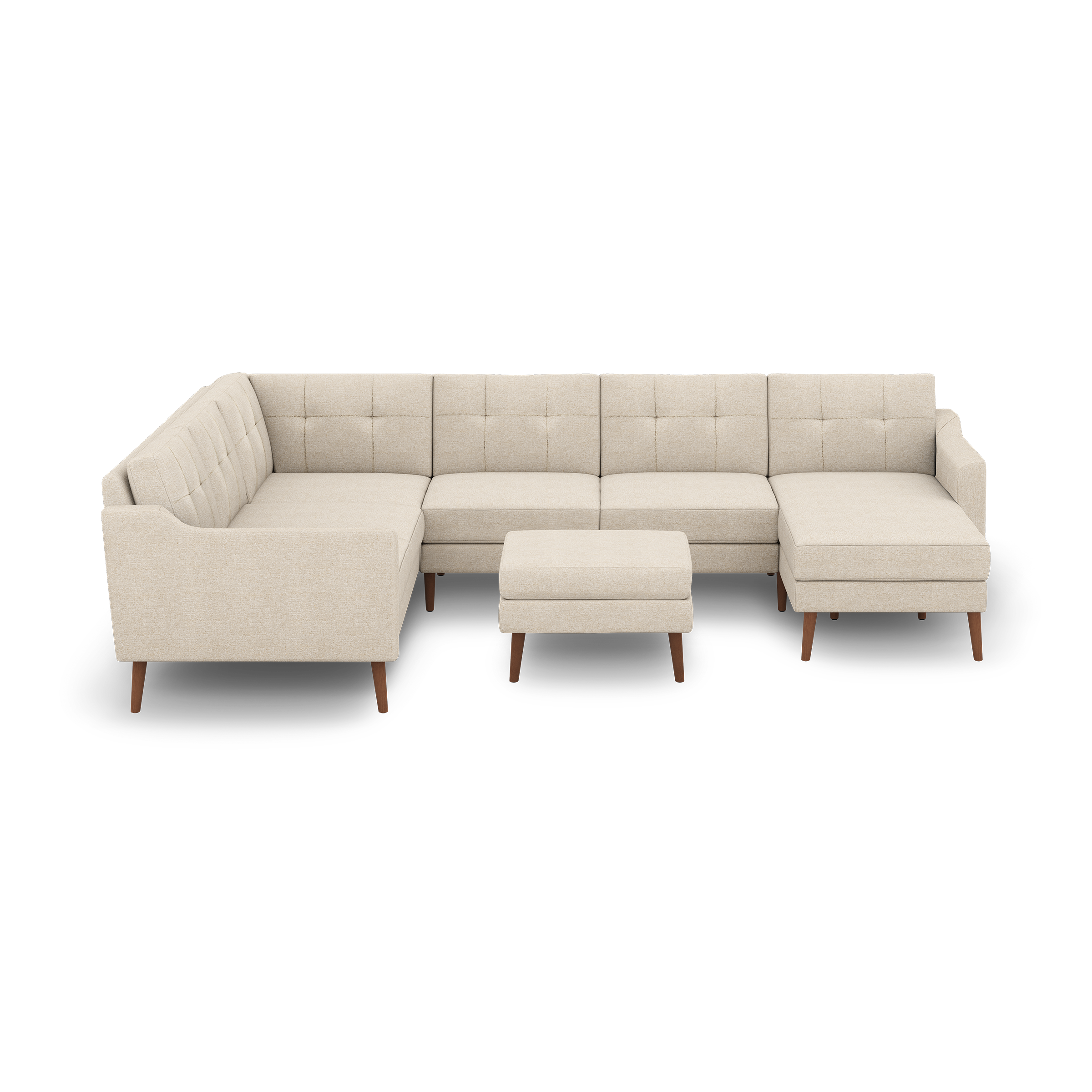 Beige modern sectional sofa with tufted cushions, wooden legs, and a matching rectangular ottoman on a black background.