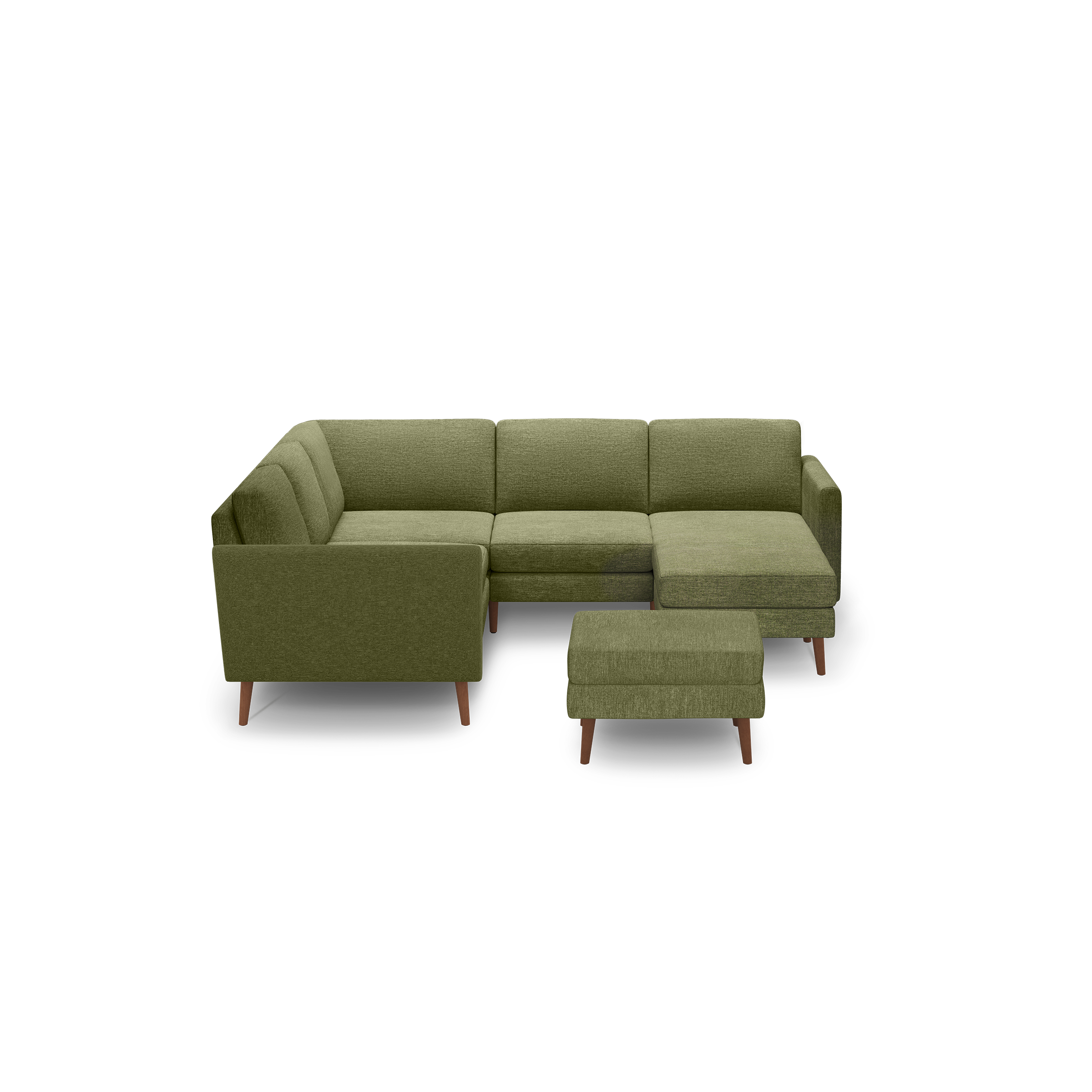 Olive green L-shaped sectional sofa with wooden legs, includes a matching ottoman, upholstered in textured fabric.