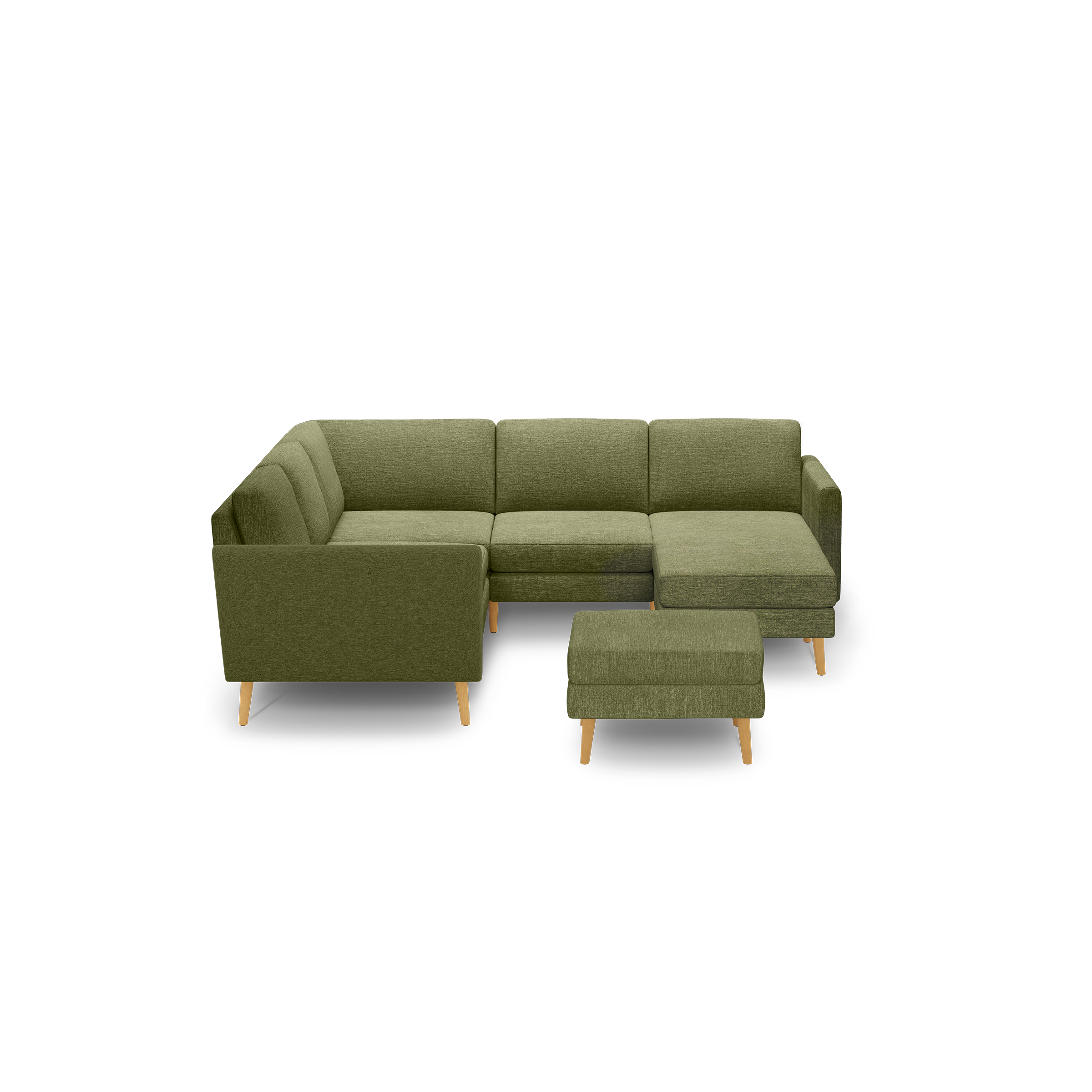 Olive green L-shaped sectional sofa with wooden legs and matching ottoman, featuring clean lines and minimalist design.