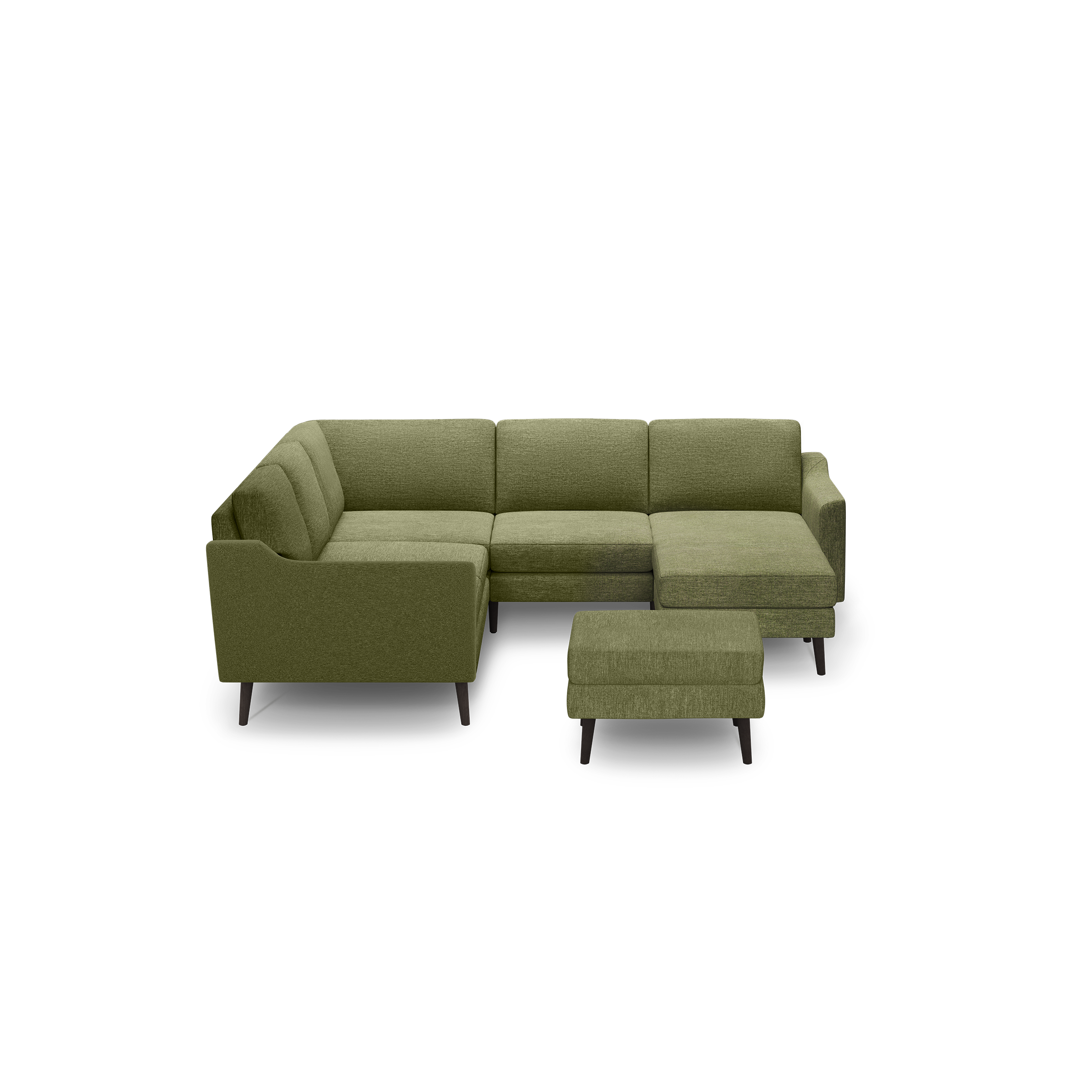 Olive green L-shaped sectional sofa with tufted cushions and matching ottoman, featuring dark tapered wooden legs.